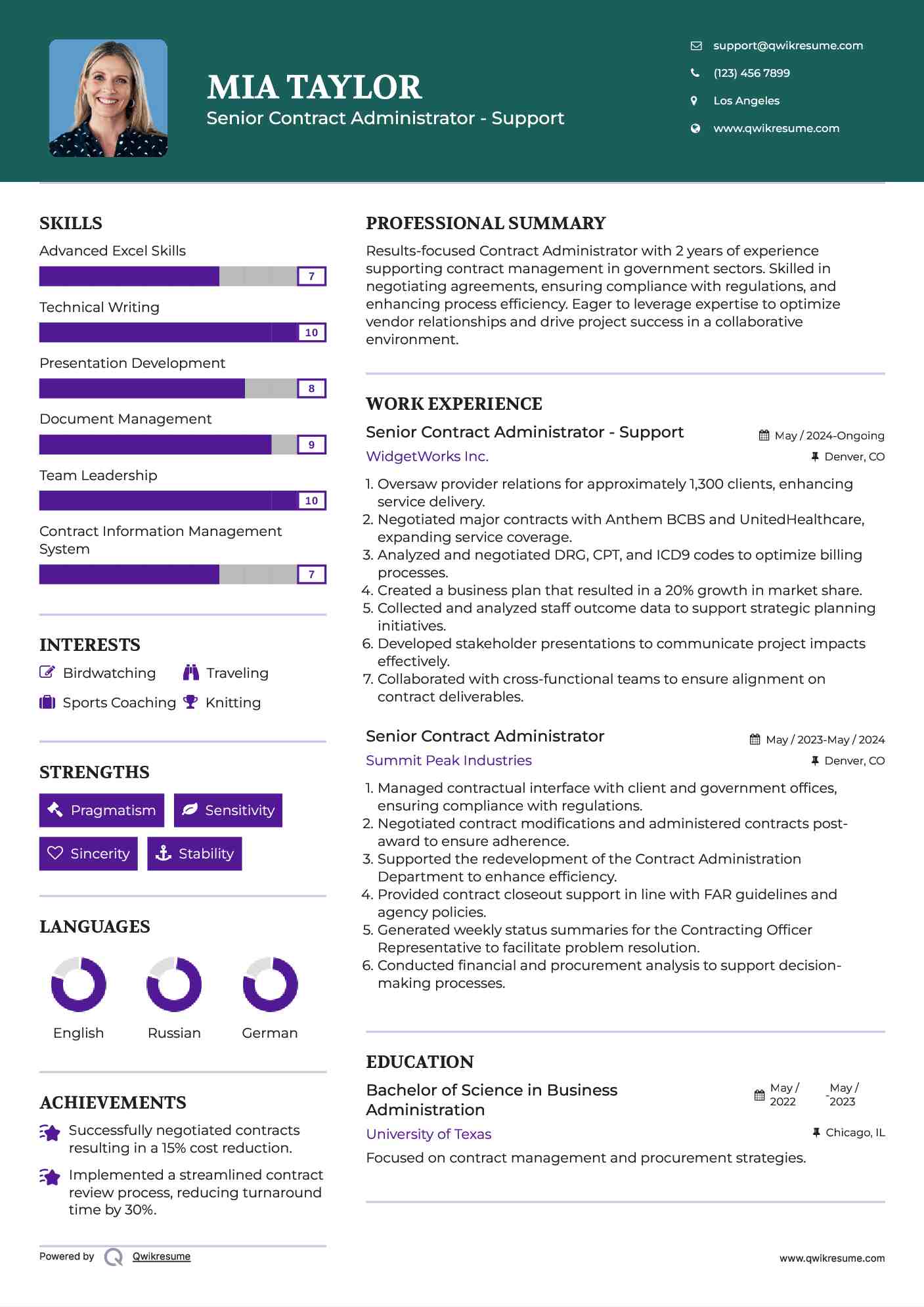 Senior Contract Administrator - Support Resume Template