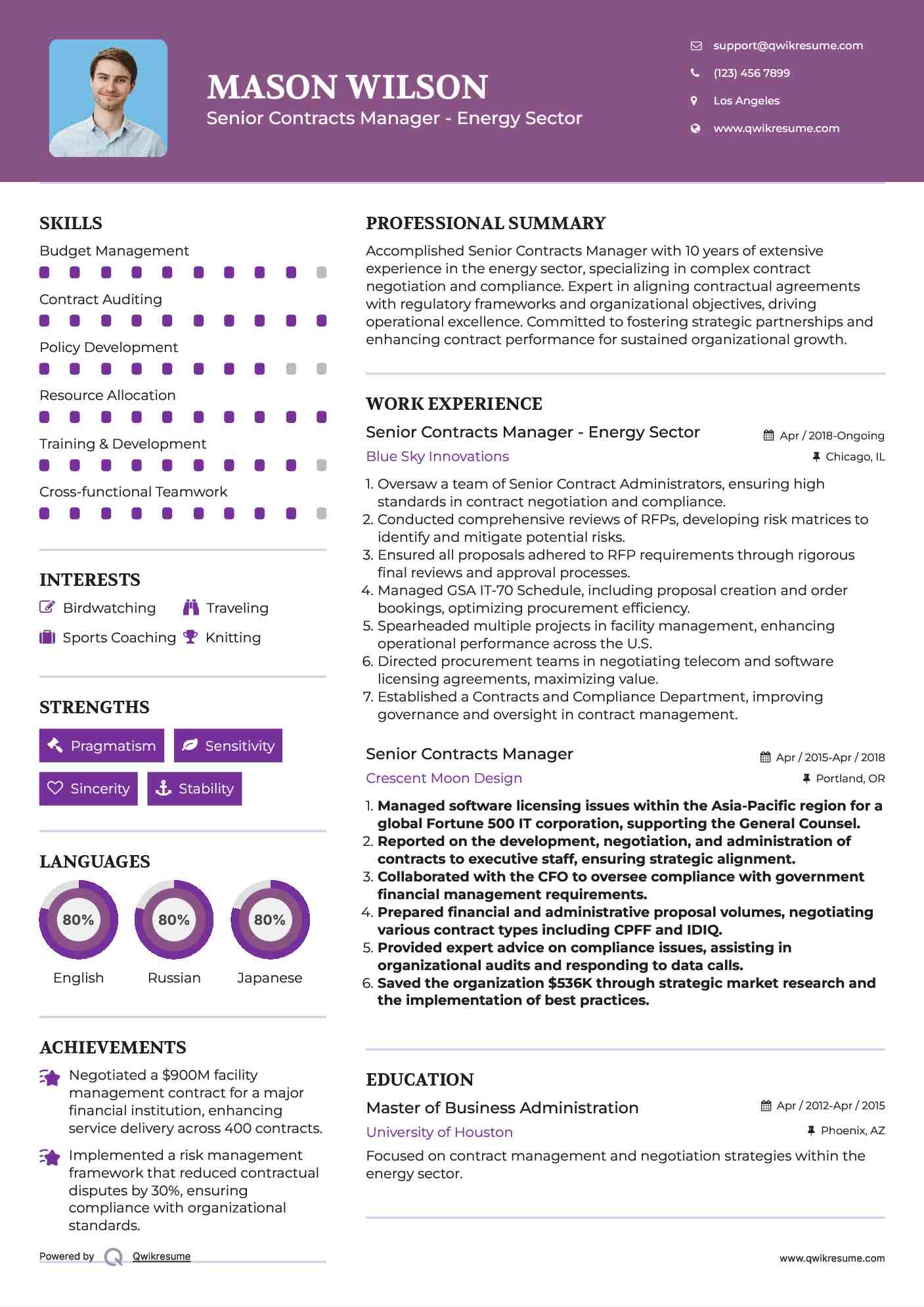 Senior Contracts Manager - Energy Sector Resume Format
