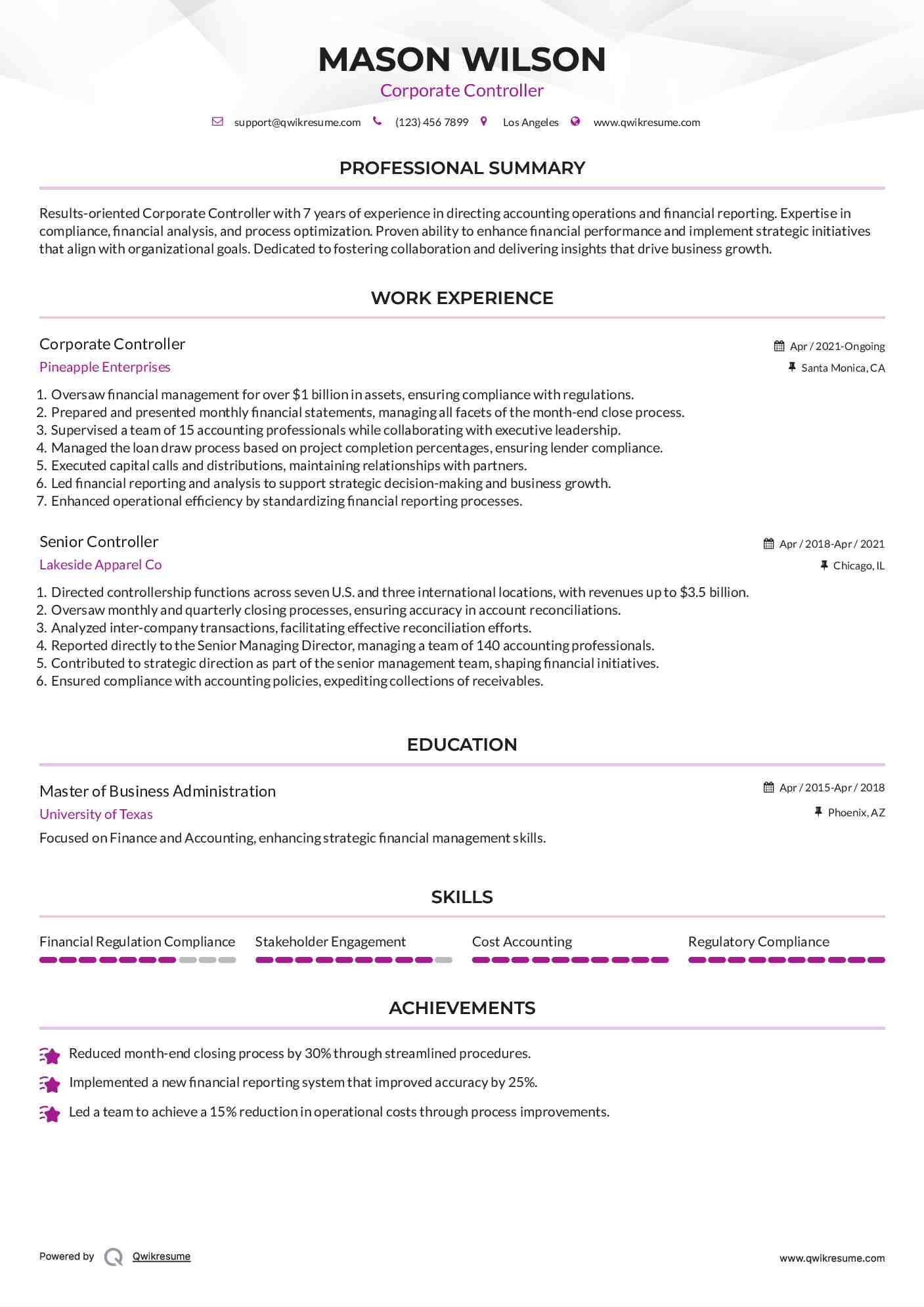 Corporate Controller Resume Model