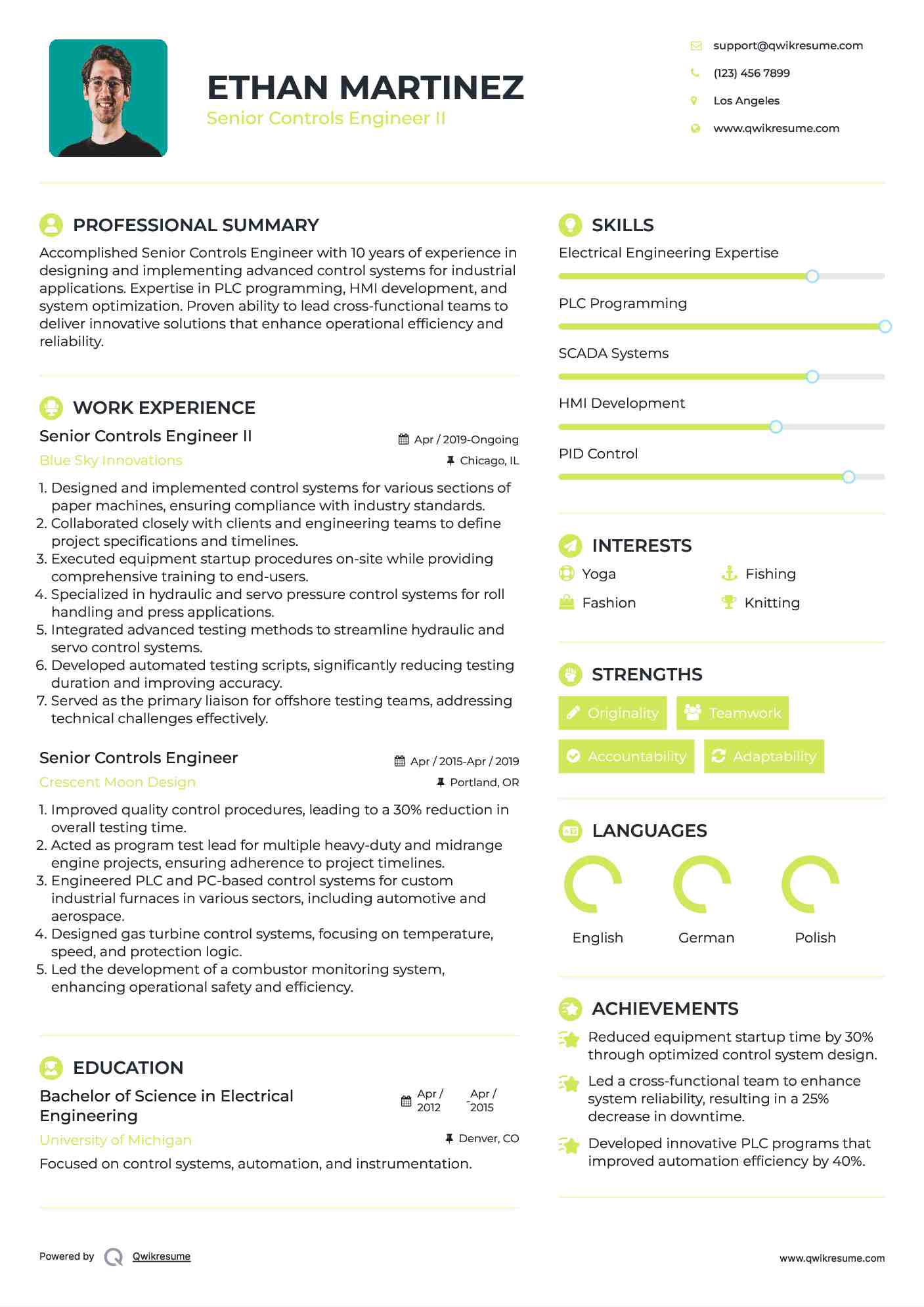 Senior Controls Engineer II Resume Sample