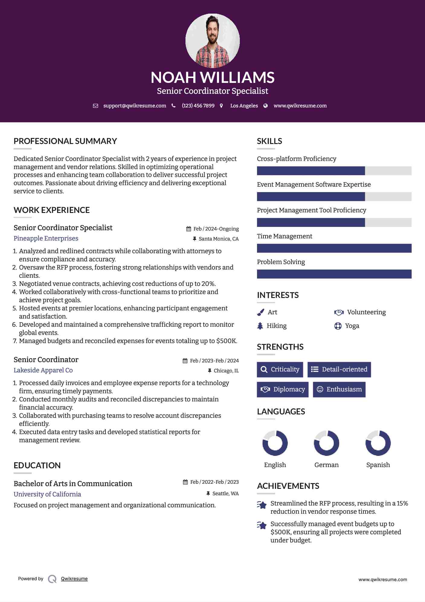 Senior Coordinator Specialist Resume Example