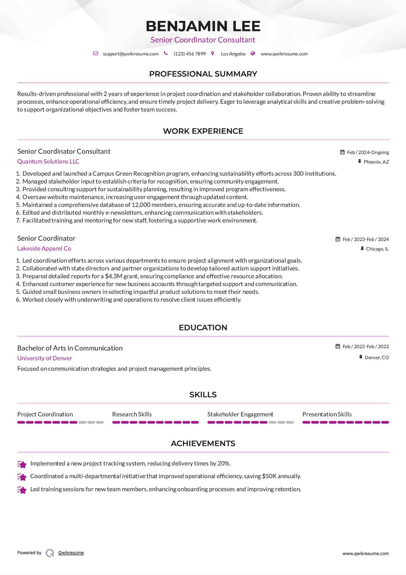 Senior Coordinator Consultant Resume Sample