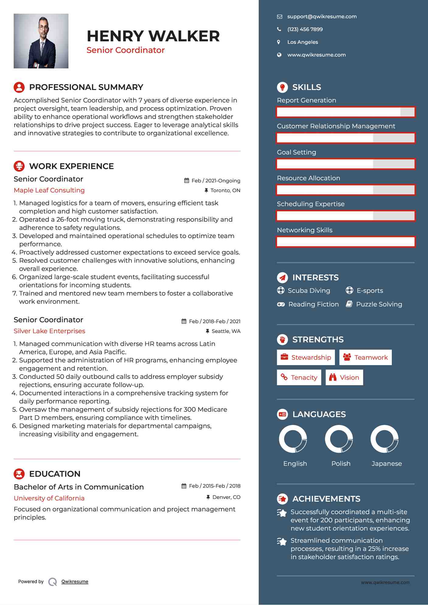 Senior Coordinator Resume Example