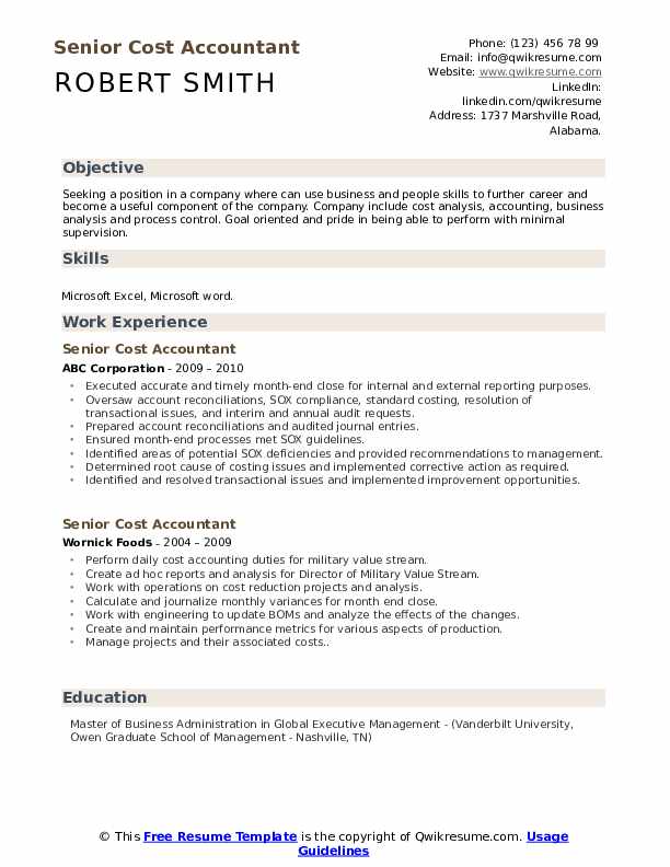 Senior Cost Accountant Resume Samples - Senior Cost Accountant 1577435116 Pdf