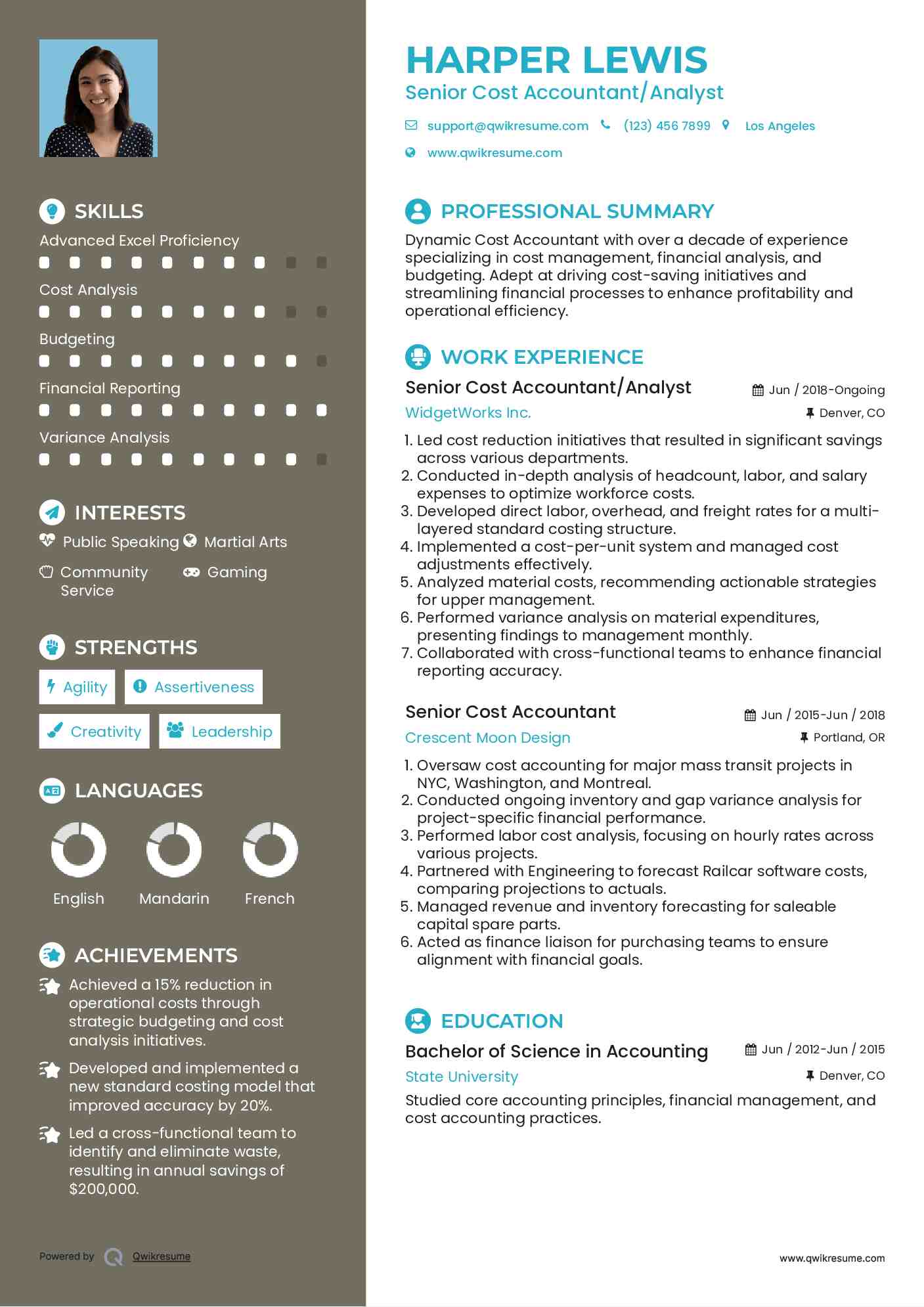 Senior Cost Accountant/Analyst Resume Sample