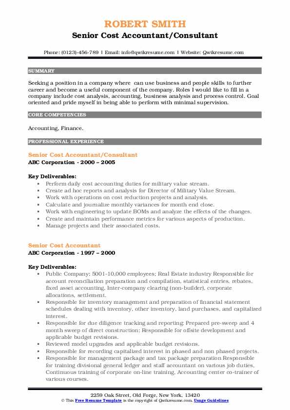 Senior Cost Accountant Resume Samples QwikResume