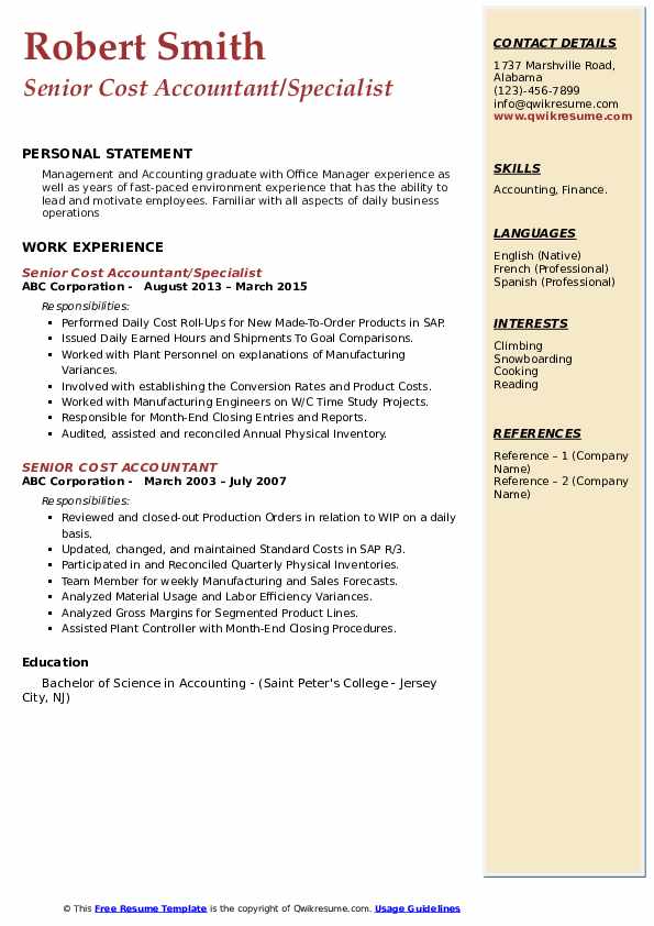 Senior Cost Accountant Resume Samples - Senior Cost Accountant 1577435691 Pdf