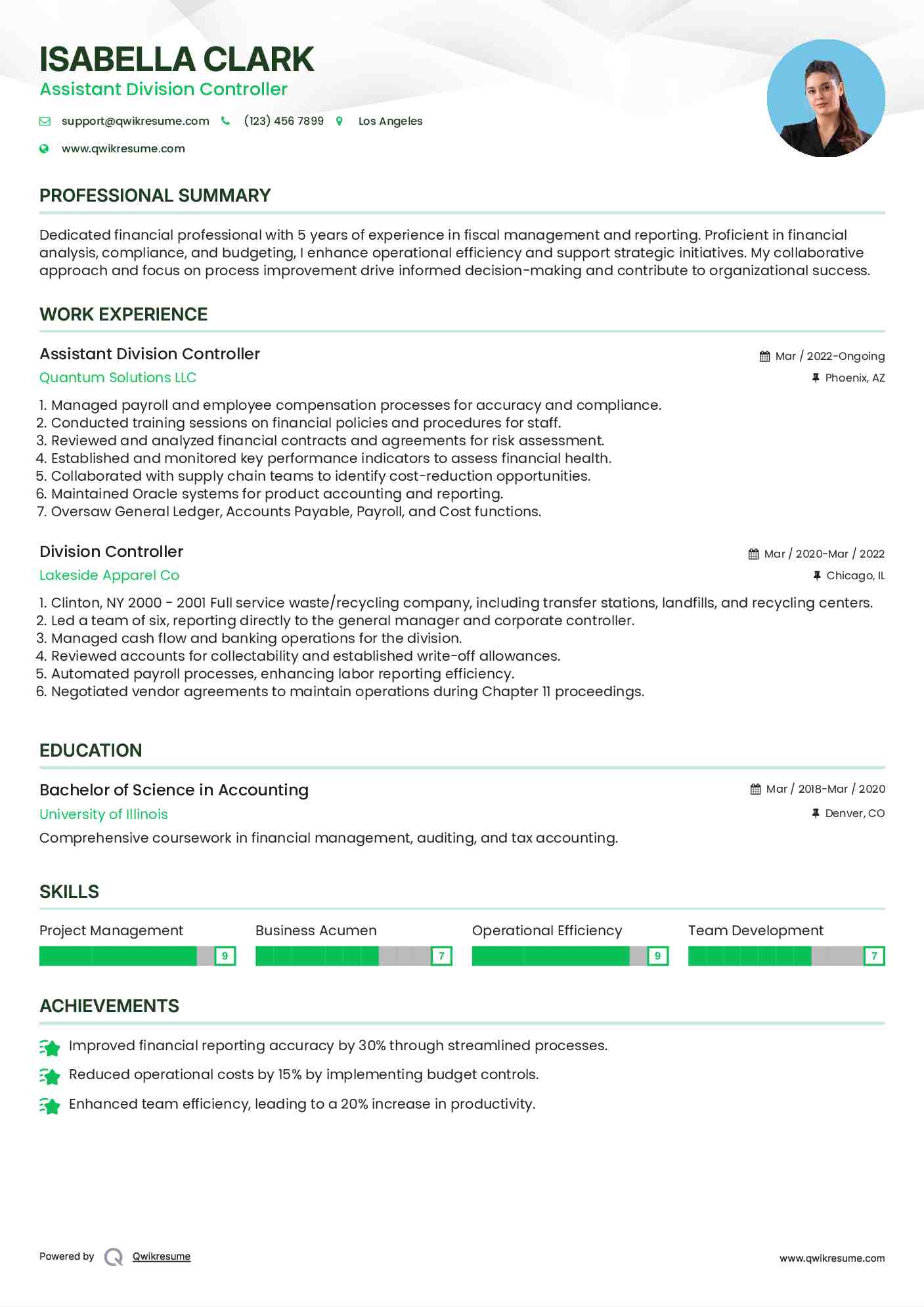 Assistant Division Controller  Resume Model