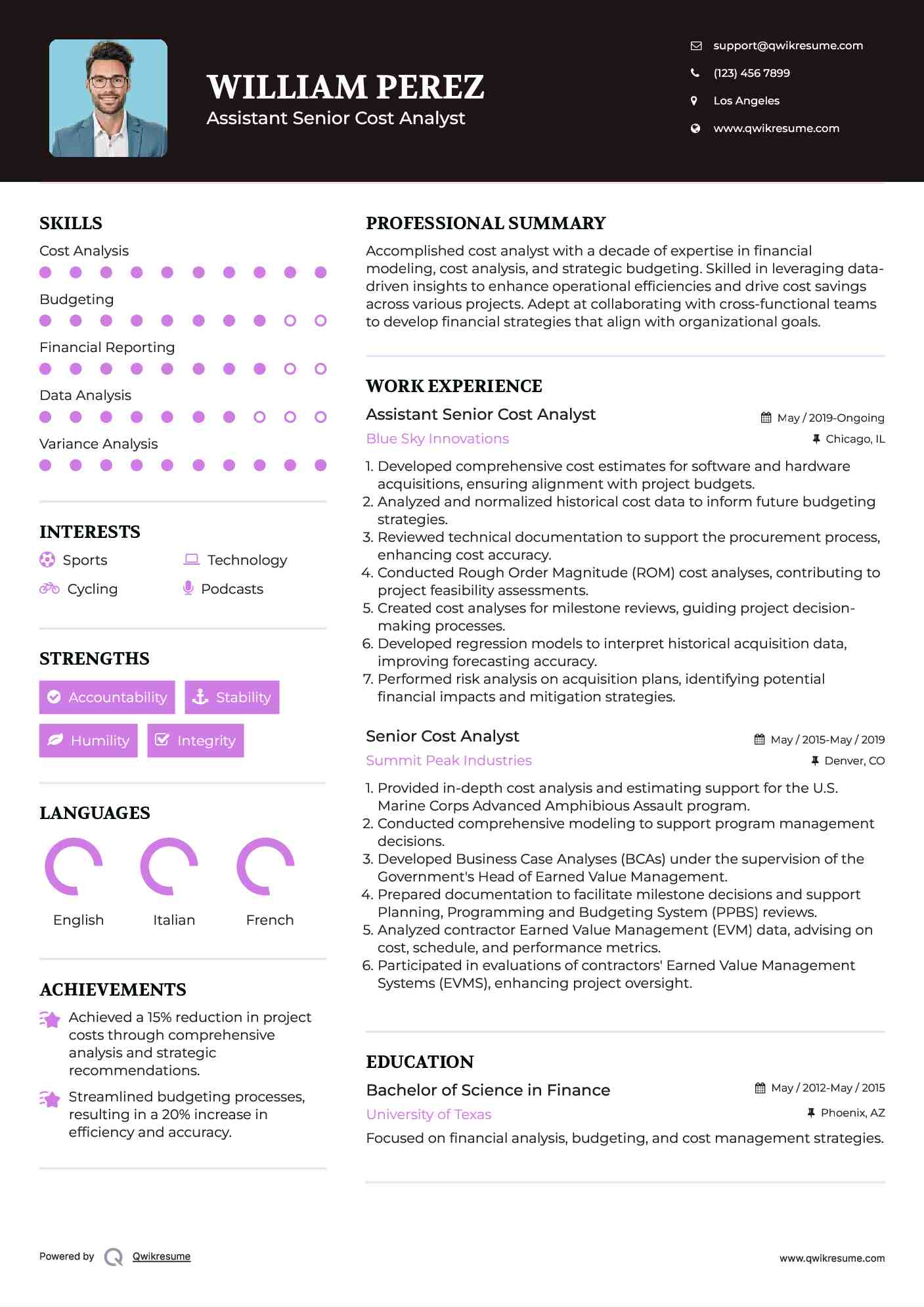 Assistant Senior Cost Analyst Resume Example