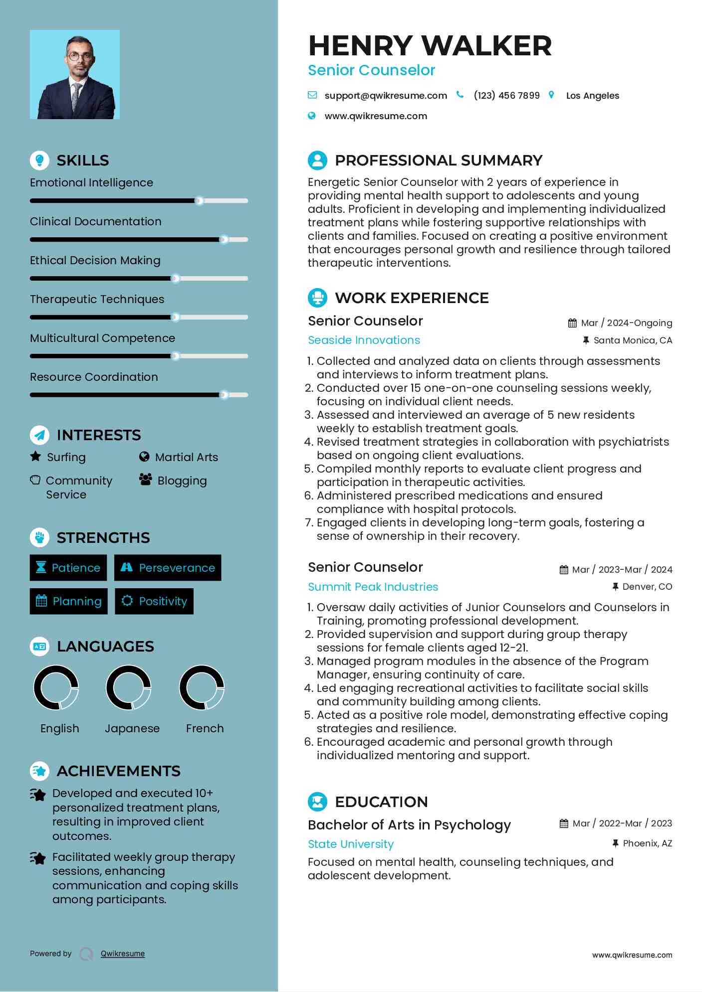 Senior Counselor Resume Sample