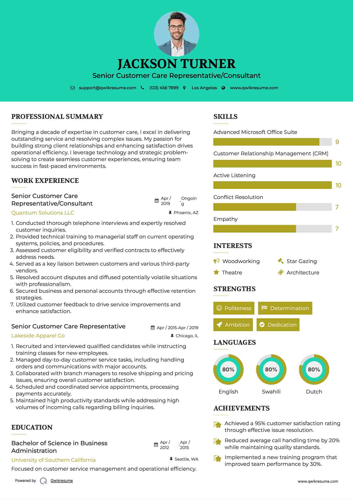 Senior Customer Care Representative/Consultant Resume Example