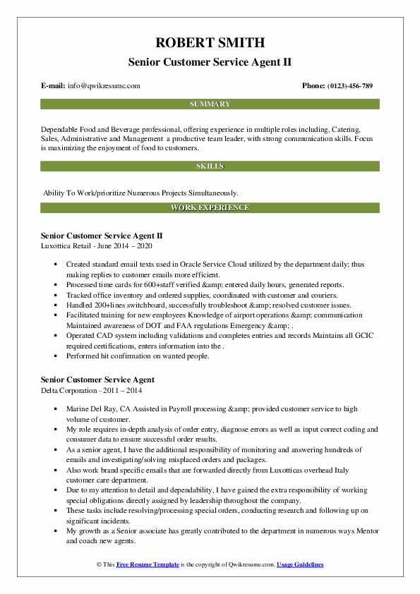 Senior Customer Service Agent Resume Samples QwikResume