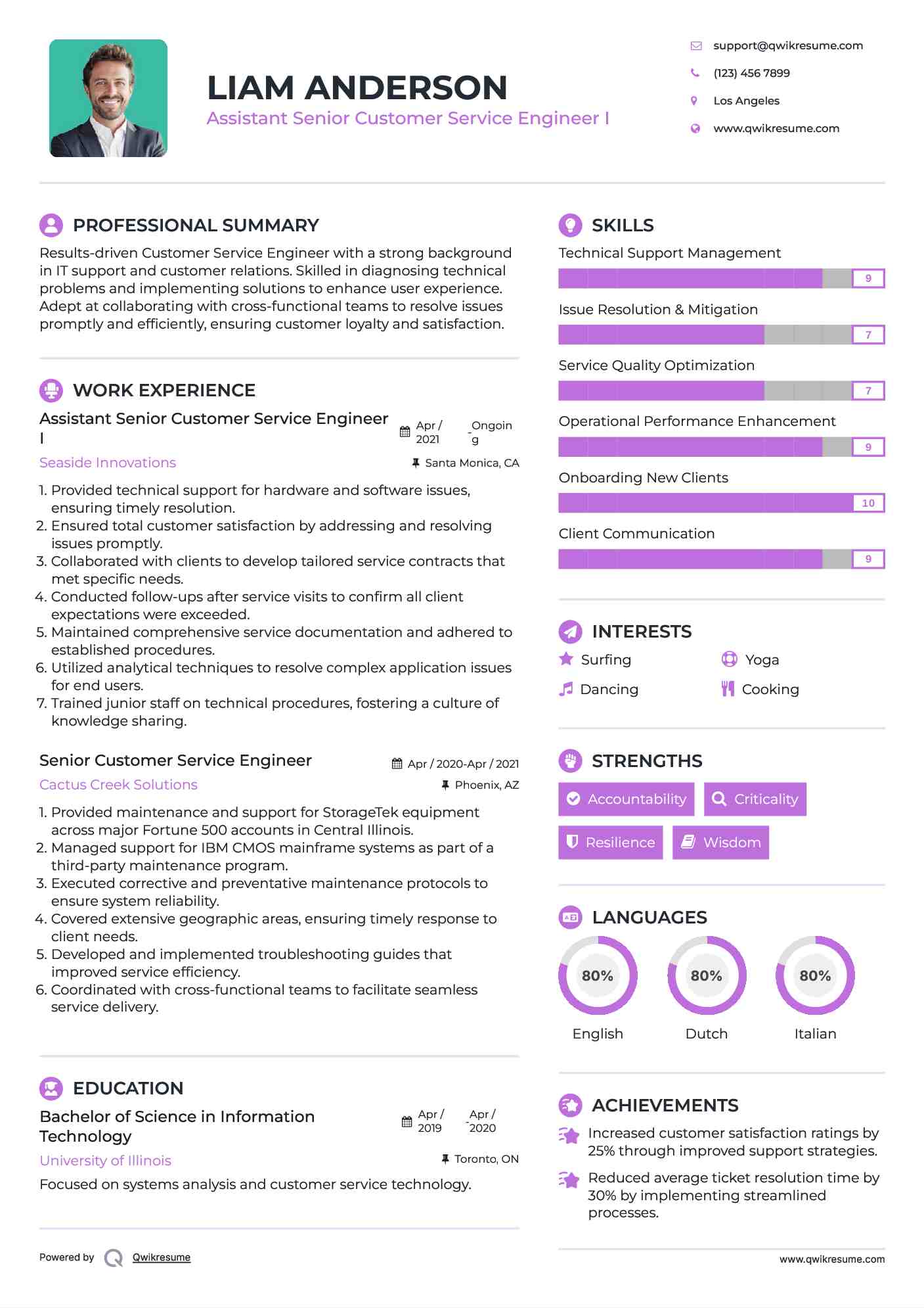 Assistant Senior Customer Service Engineer I Resume Model