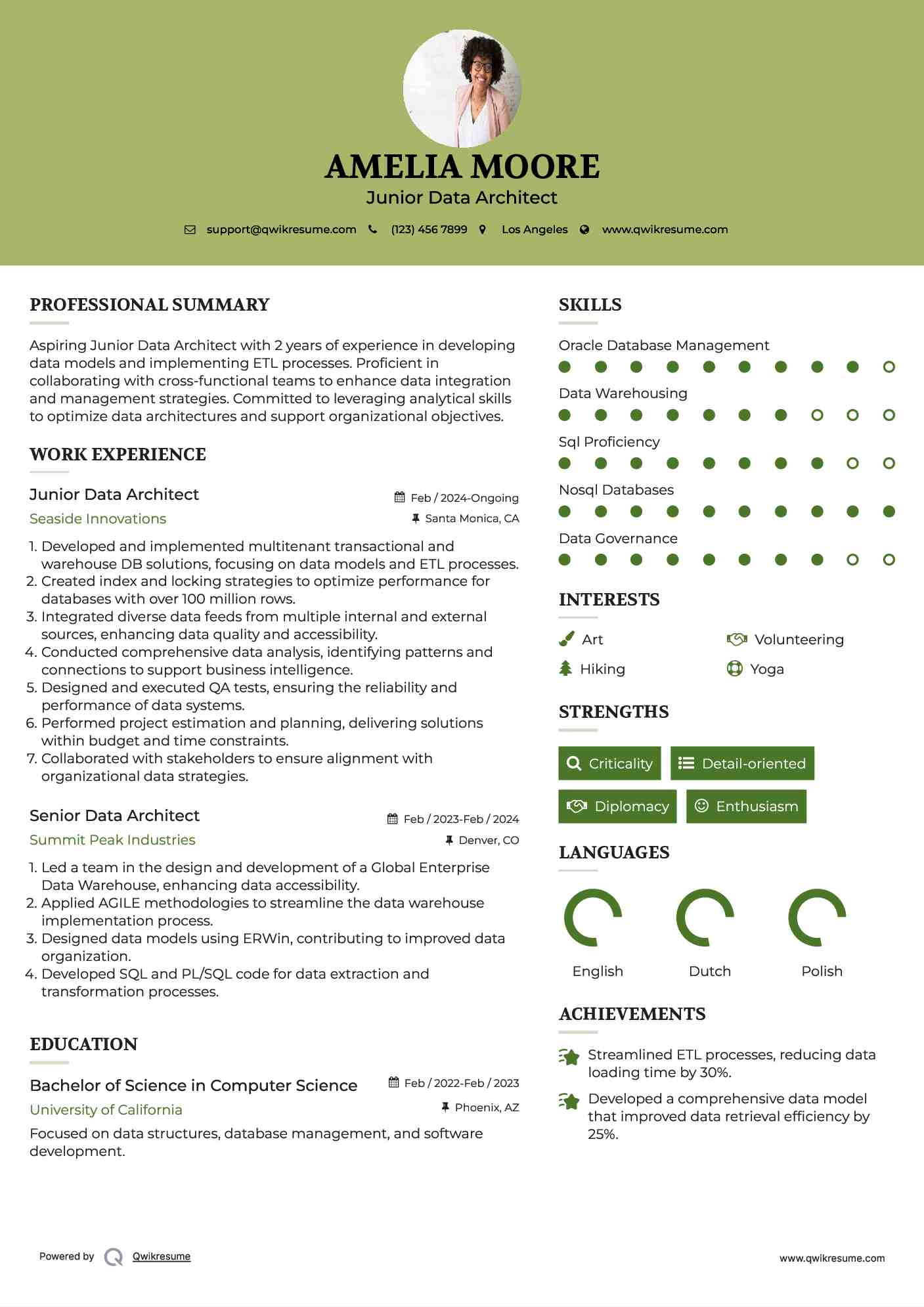 Junior Data Architect Resume Sample