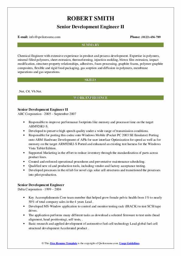 Senior Development Engineer Resume Samples | QwikResume