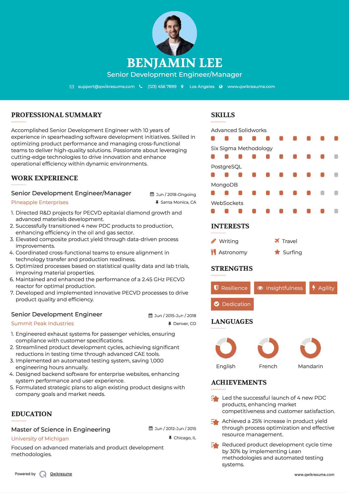 Senior Development Engineer/Manager Resume Example