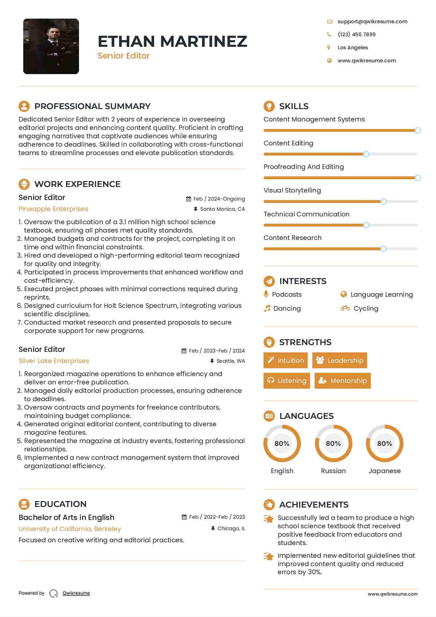Senior Editor Resume Samples QwikResume