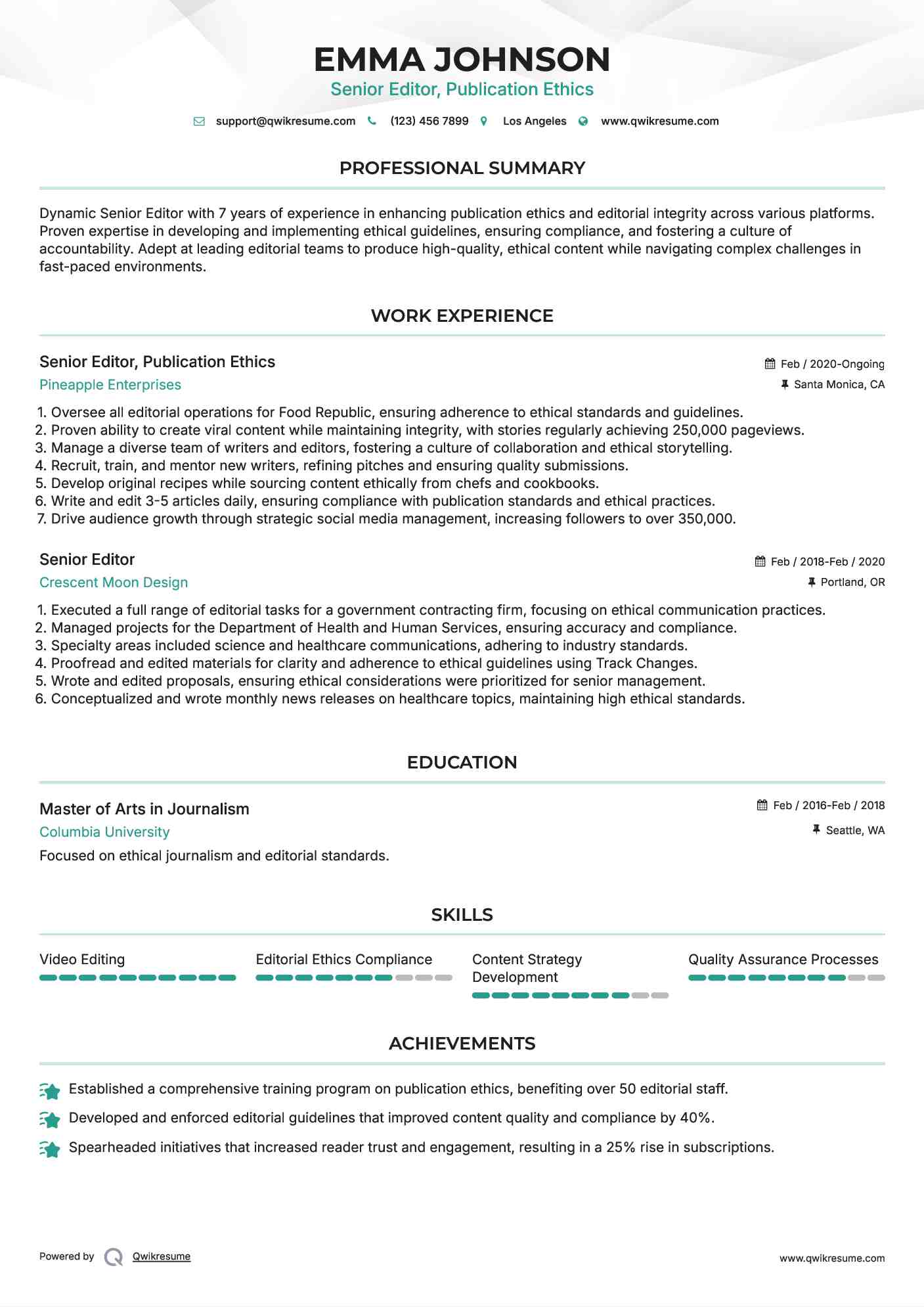 Senior Editor Resume Samples QwikResume