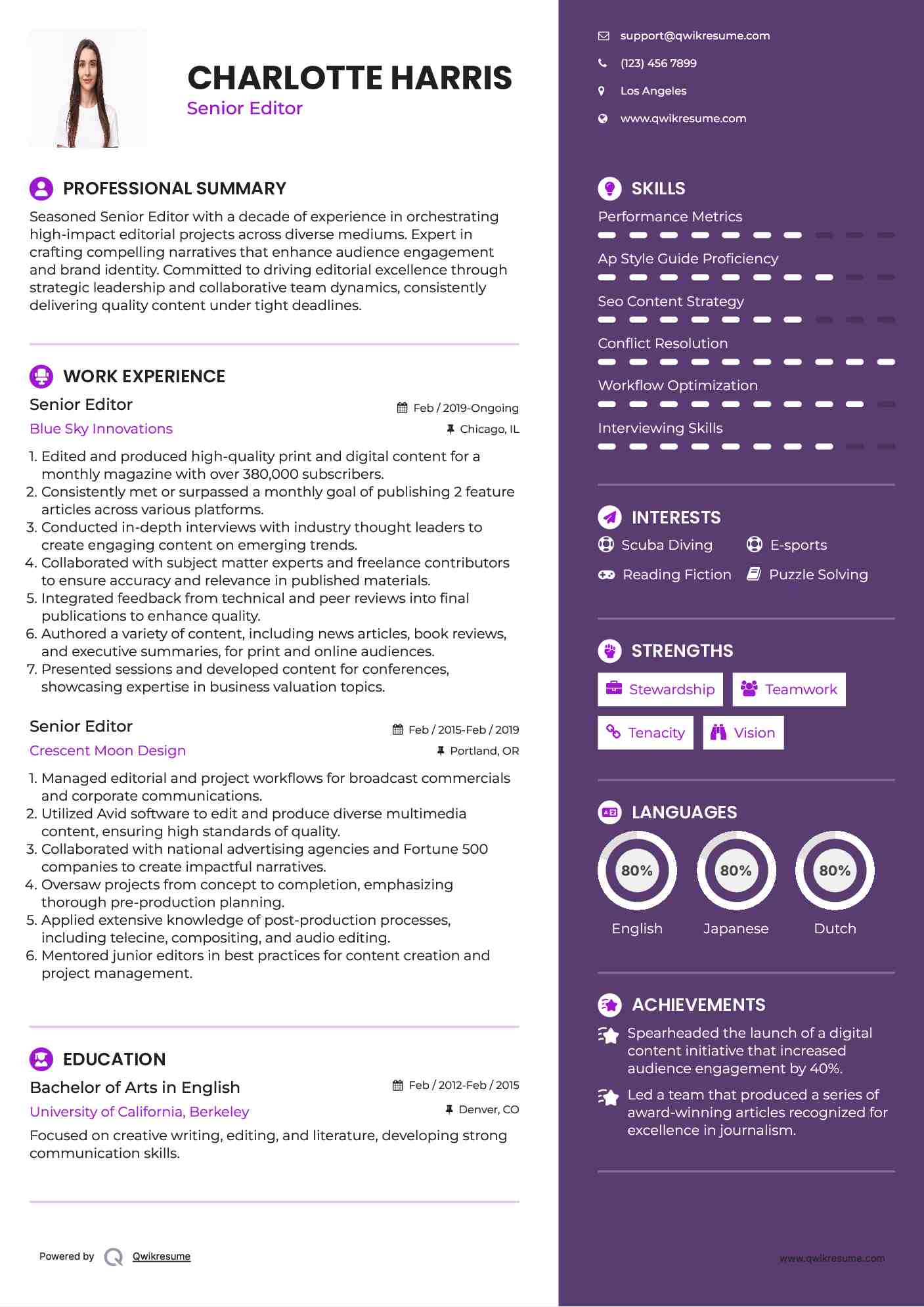 Senior Editor Resume Samples QwikResume