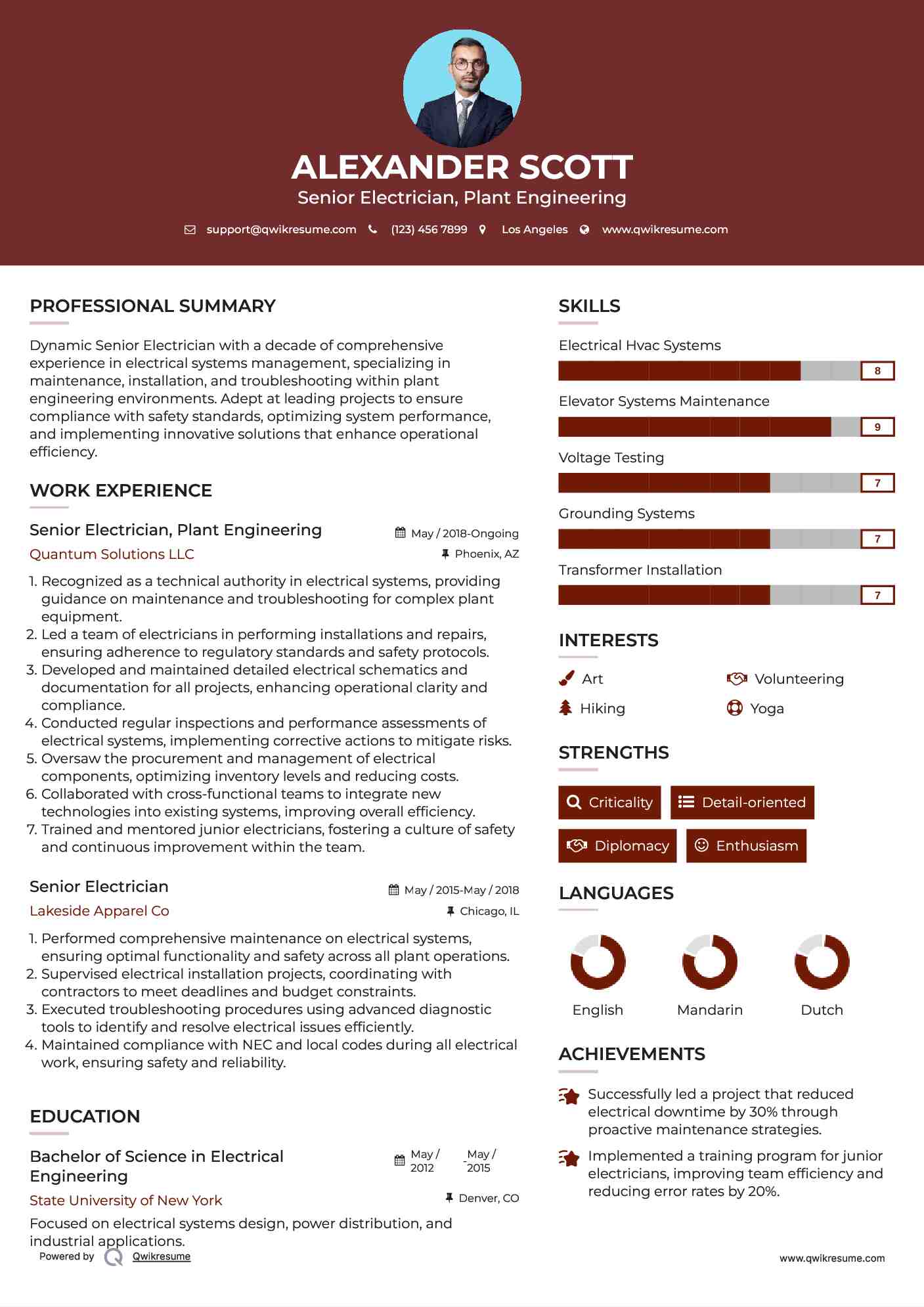 Senior Electrician, Plant Engineering Resume Model