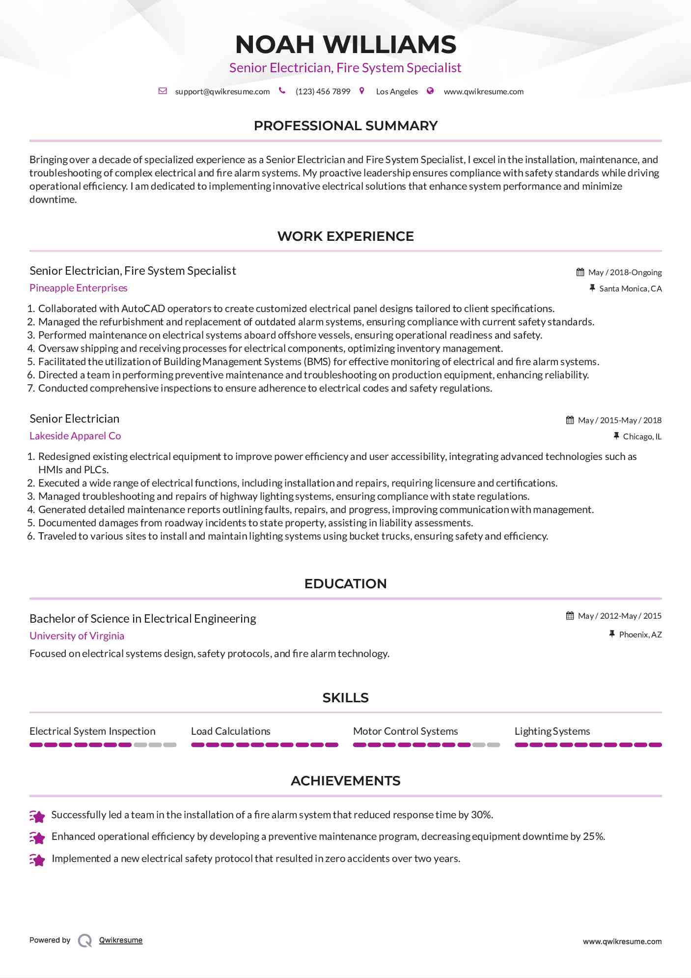 Senior Electrician, Fire System Specialist Resume Format