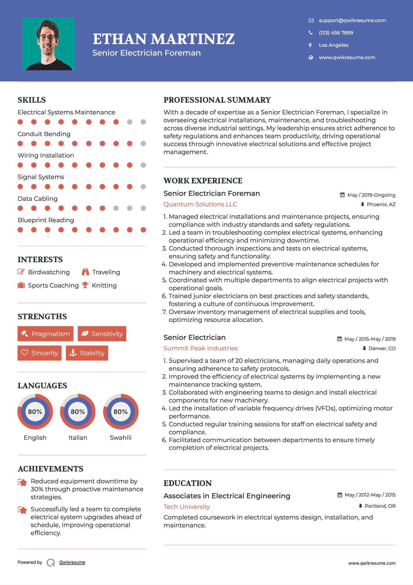Senior Electrician Foreman Resume Template