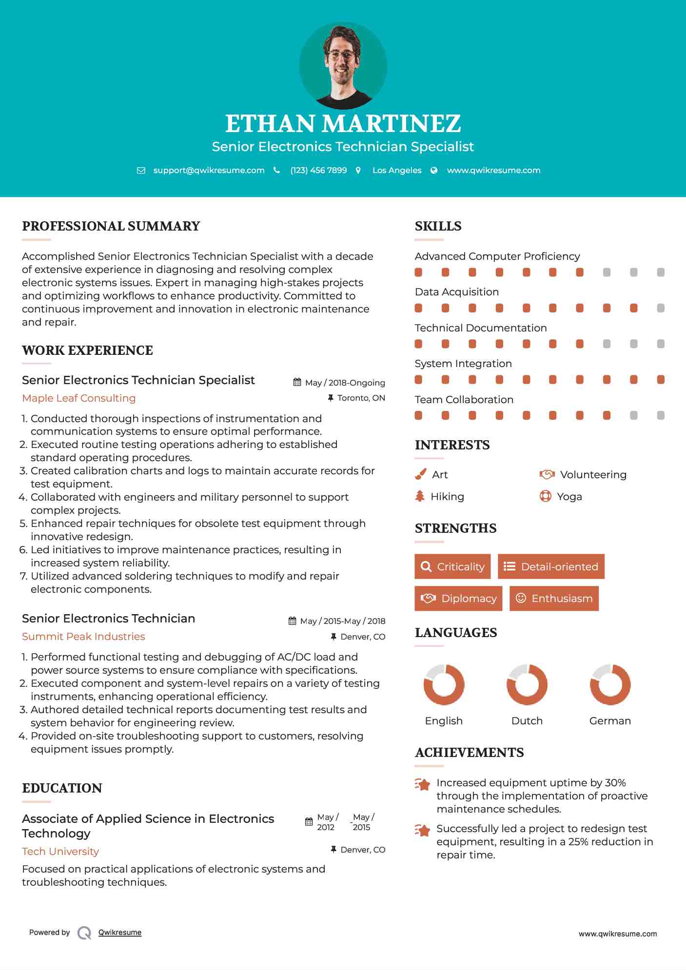 Senior Electronics Technician Resume Samples QwikResume