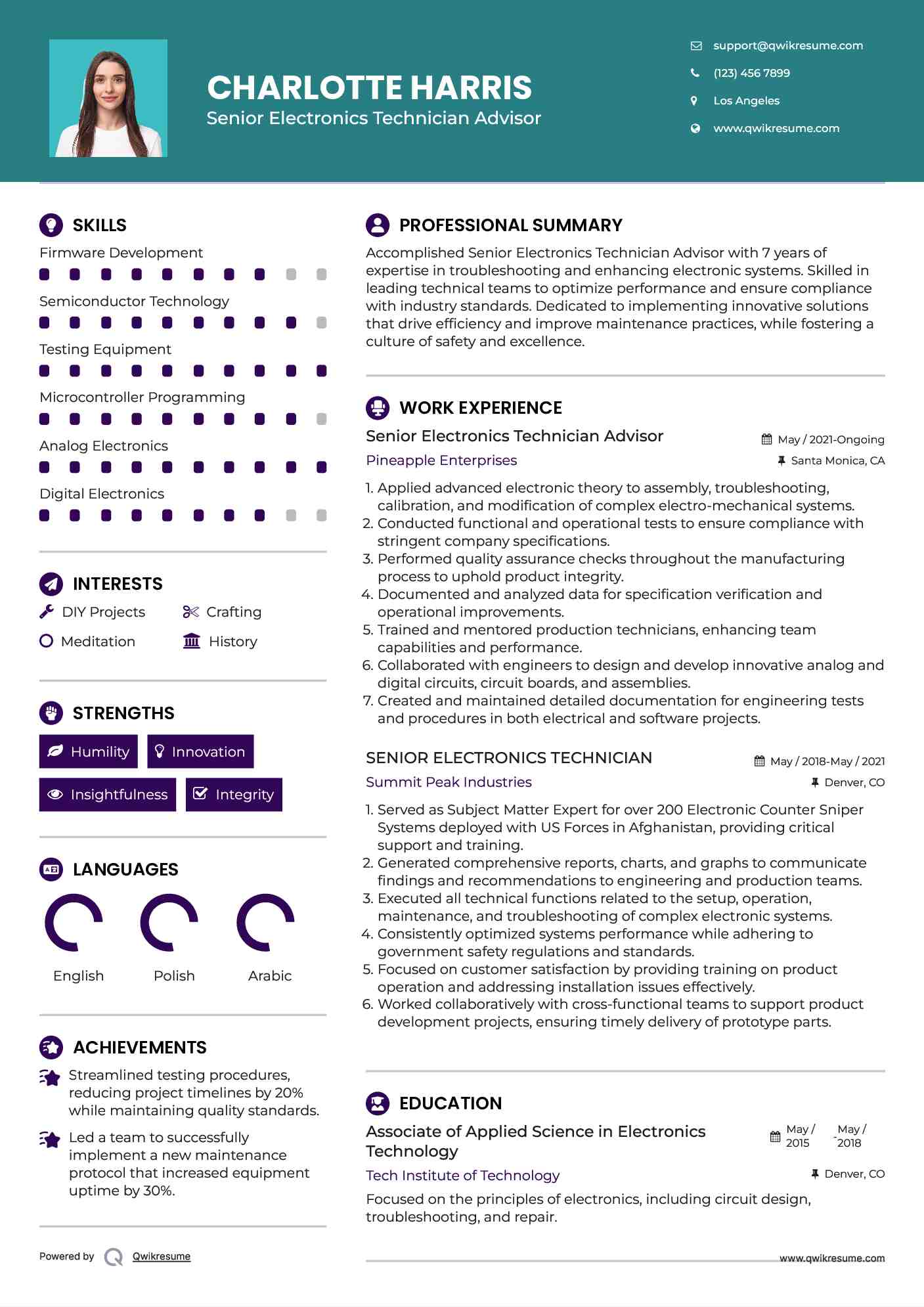 Senior Electronics Technician Advisor Resume Template