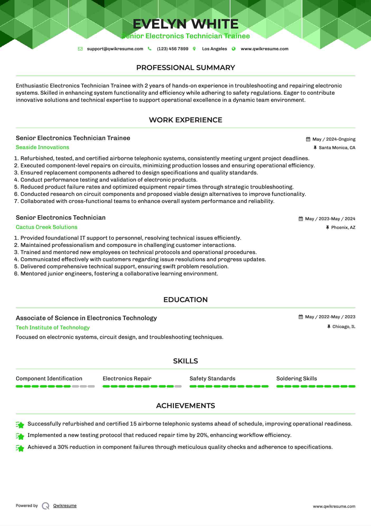 Senior Electronics Technician Trainee Resume Sample