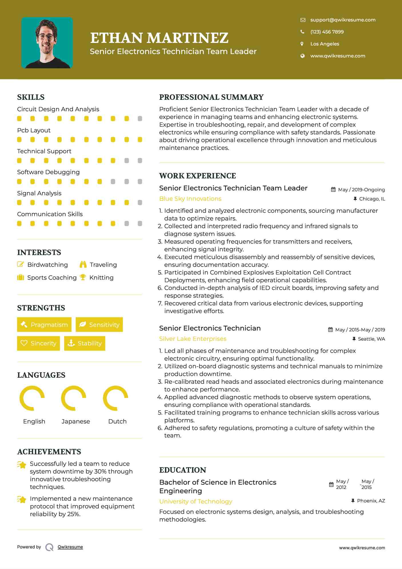 Senior Electronics Technician Team Leader Resume Example