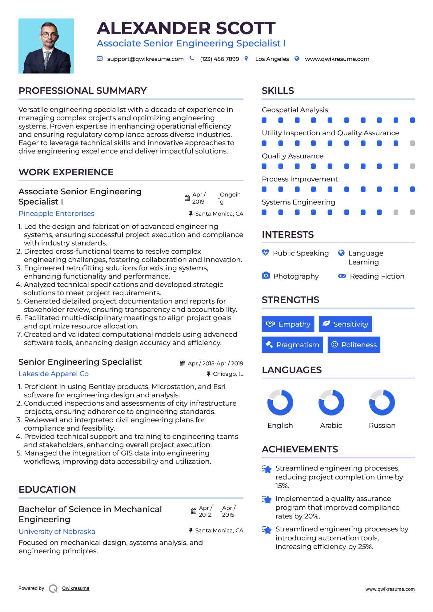 Associate Senior Engineering Specialist I Resume Example