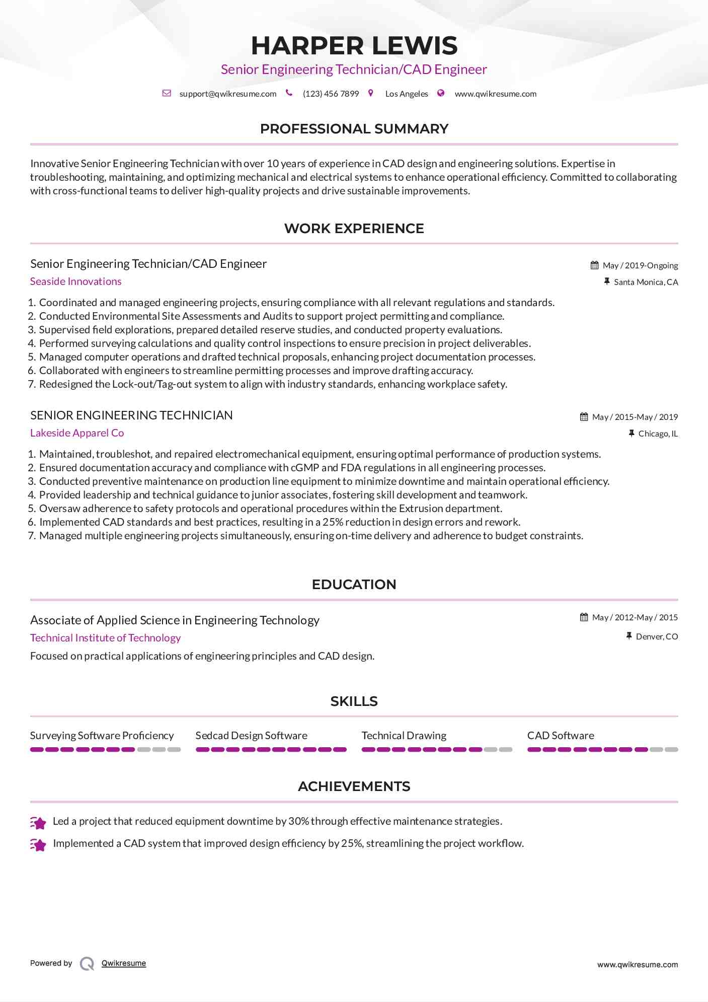 Senior Engineering Technician/CAD Engineer Resume Example