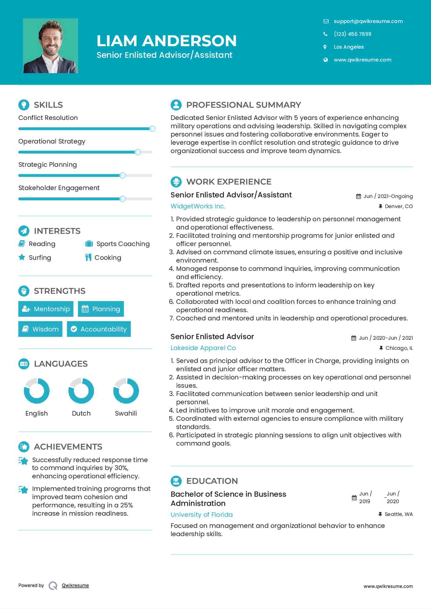 Senior Enlisted Advisor/Assistant Resume Example