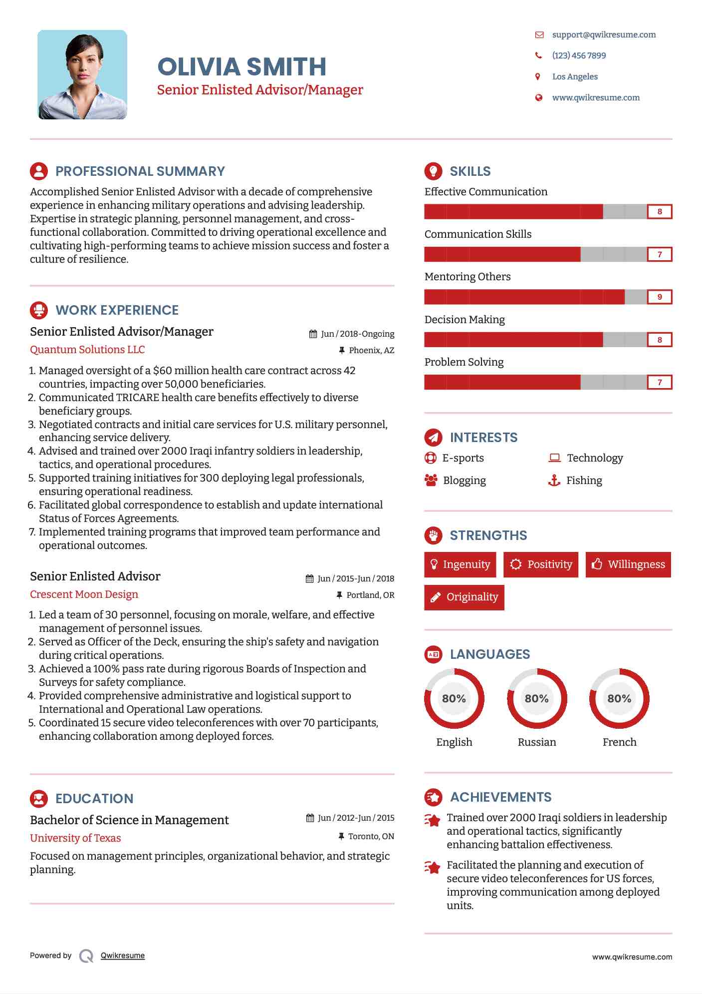 Senior Enlisted Advisor/Manager Resume Example
