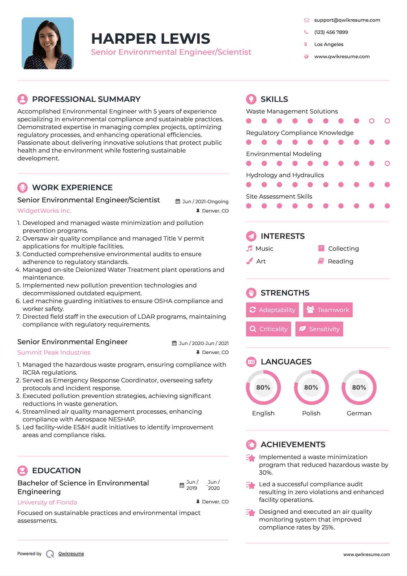 Senior Environmental Engineer/Scientist Resume Example