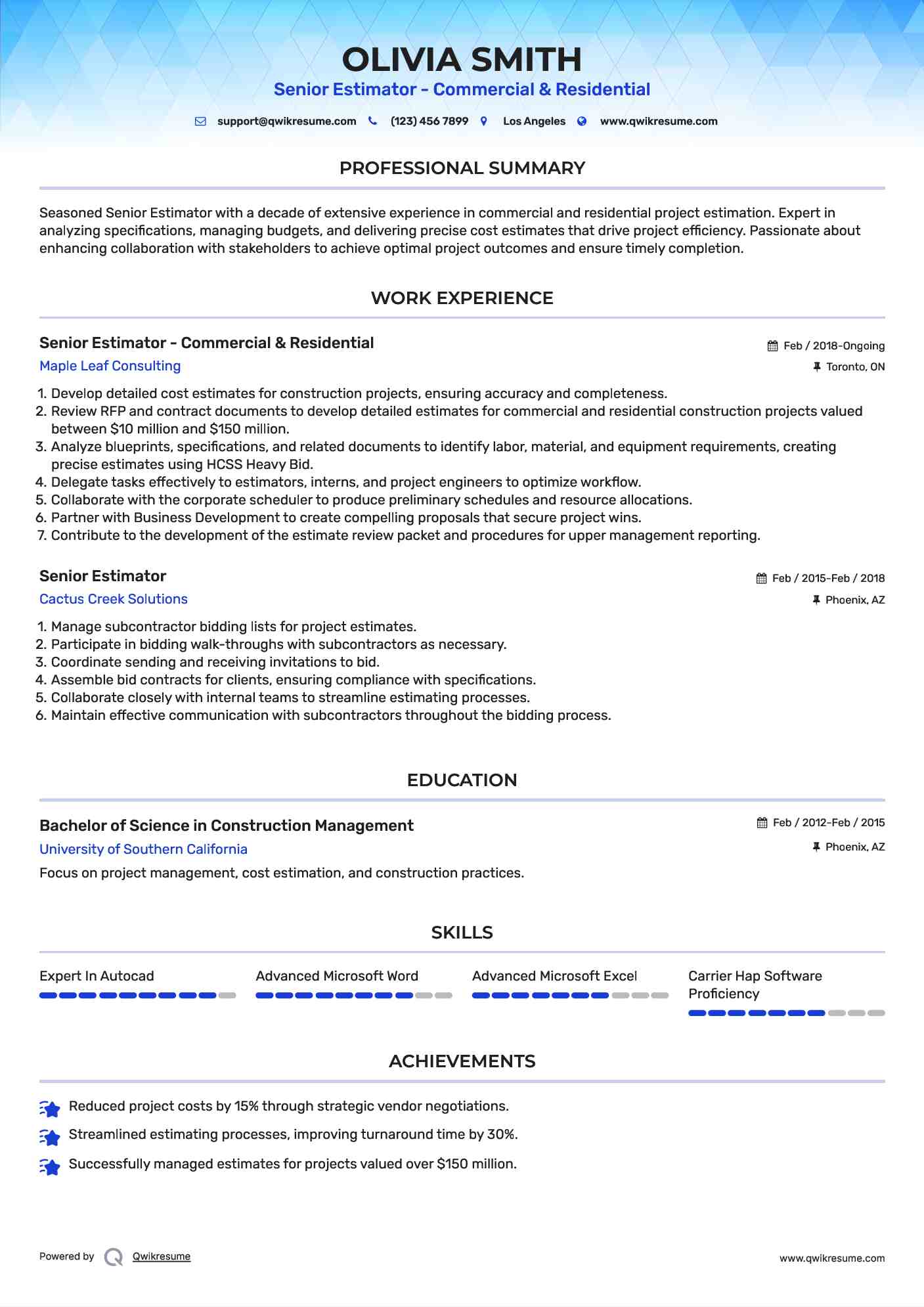 Senior Estimator - Commercial & Residential Resume Model