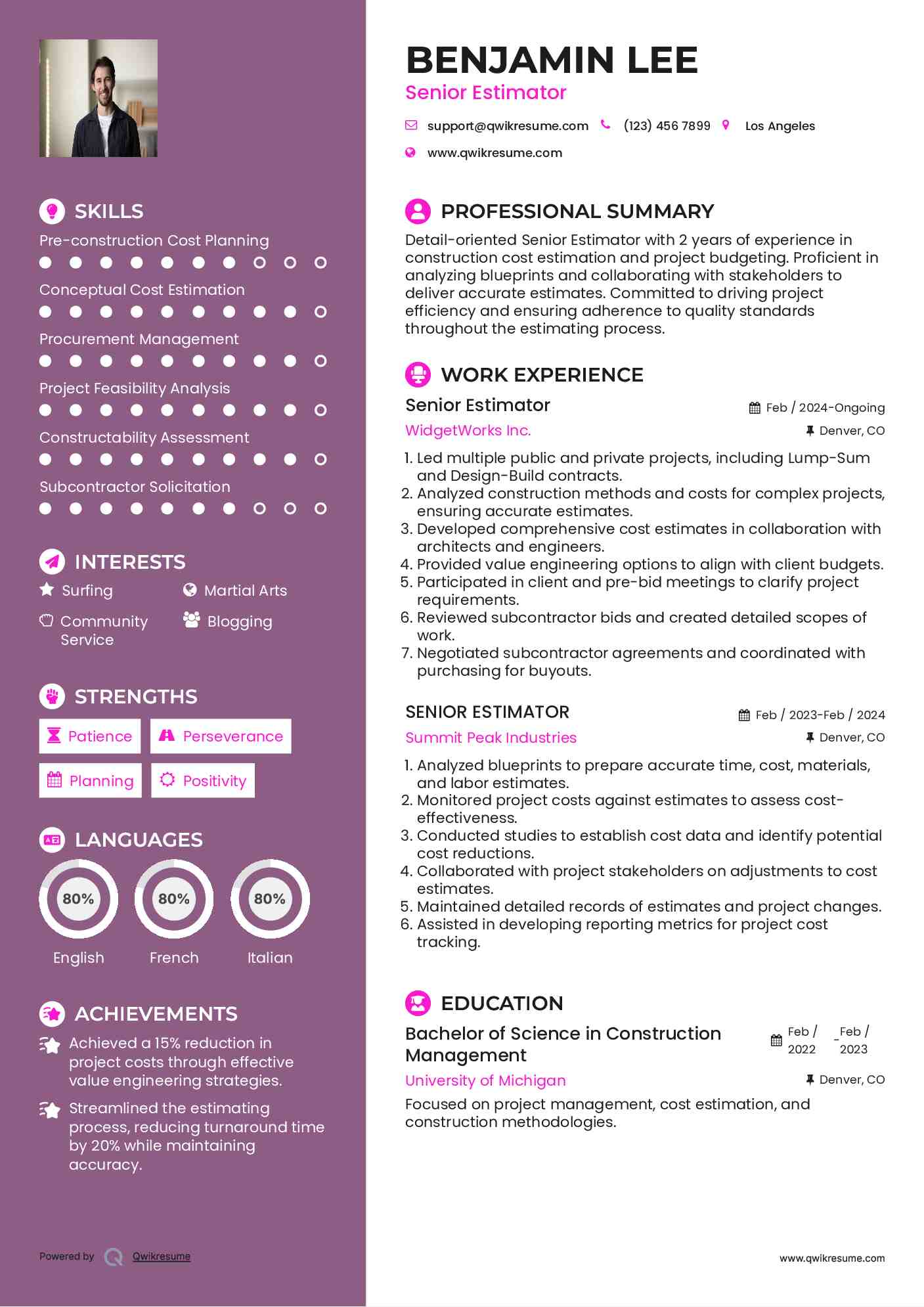 Senior Estimator Resume Sample