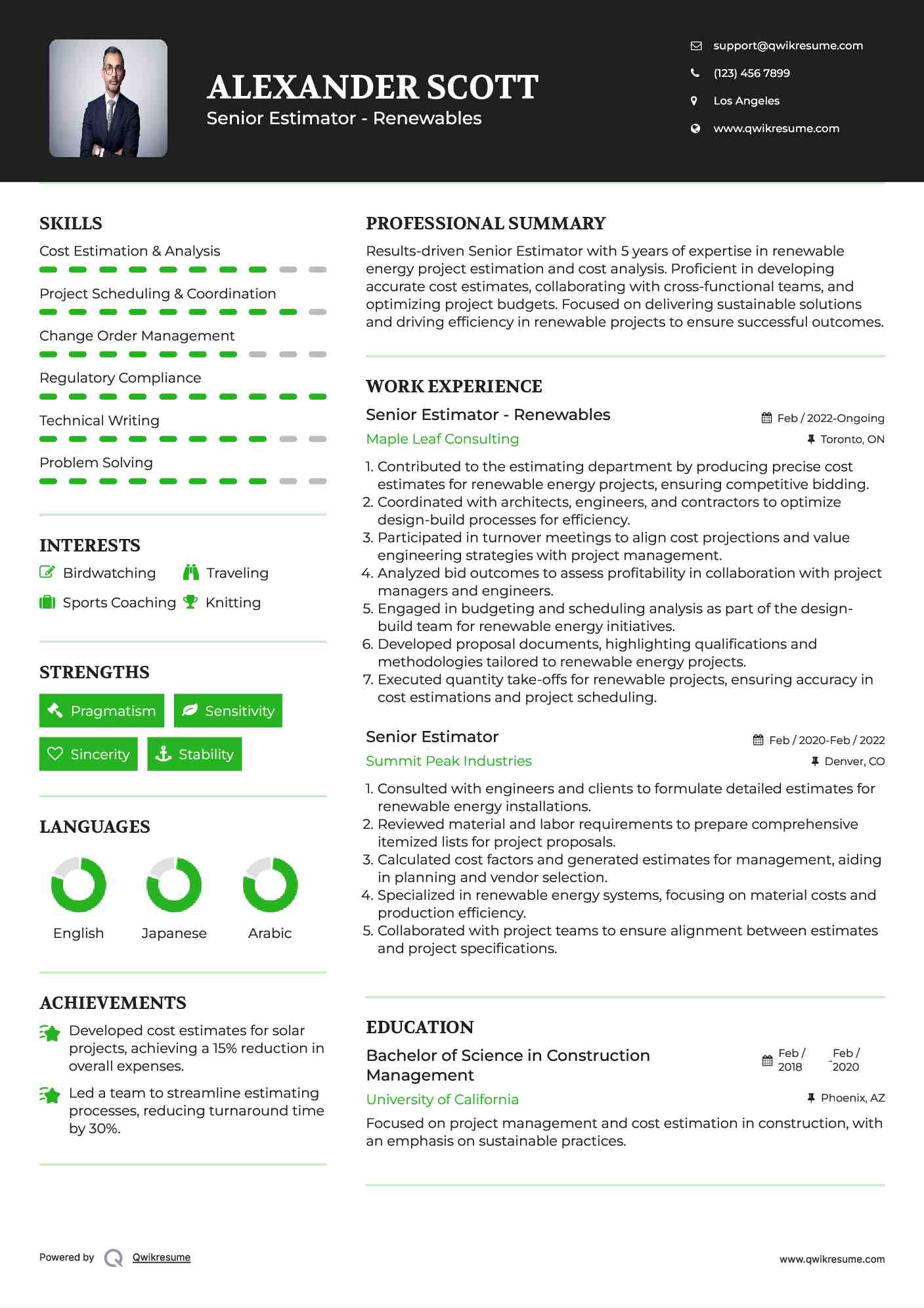 Senior Estimator - Renewables Resume Example