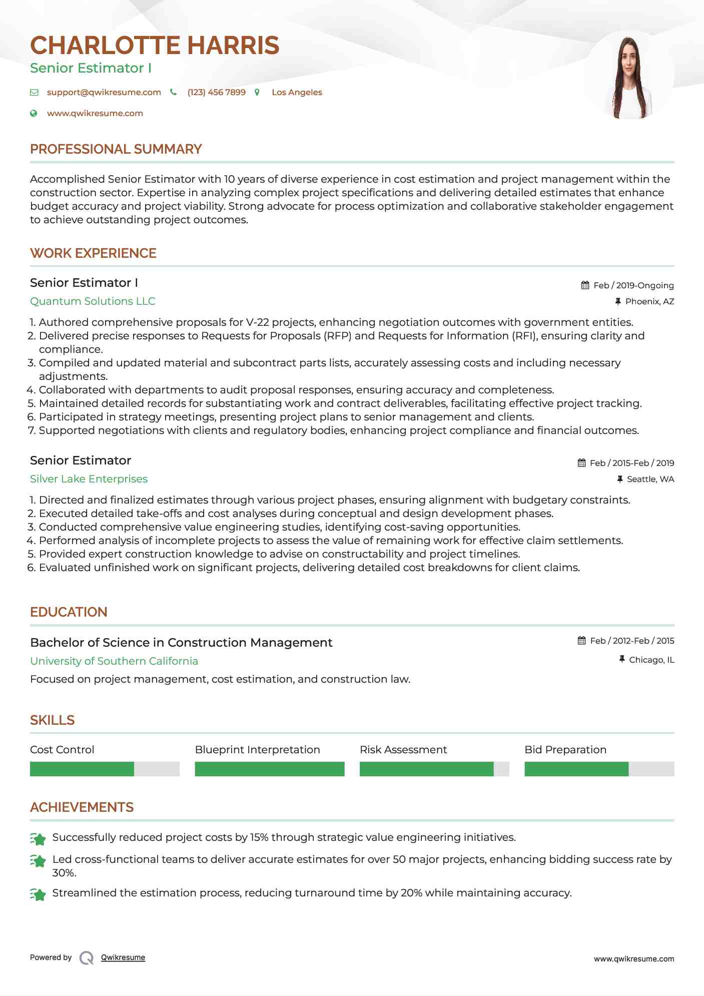 Senior Estimator I Resume Model