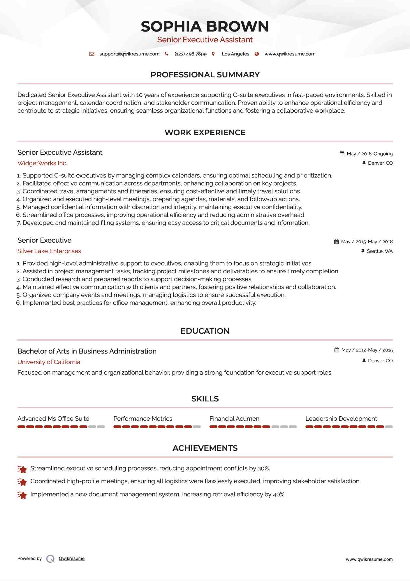 Senior Executive Assistant Resume Model