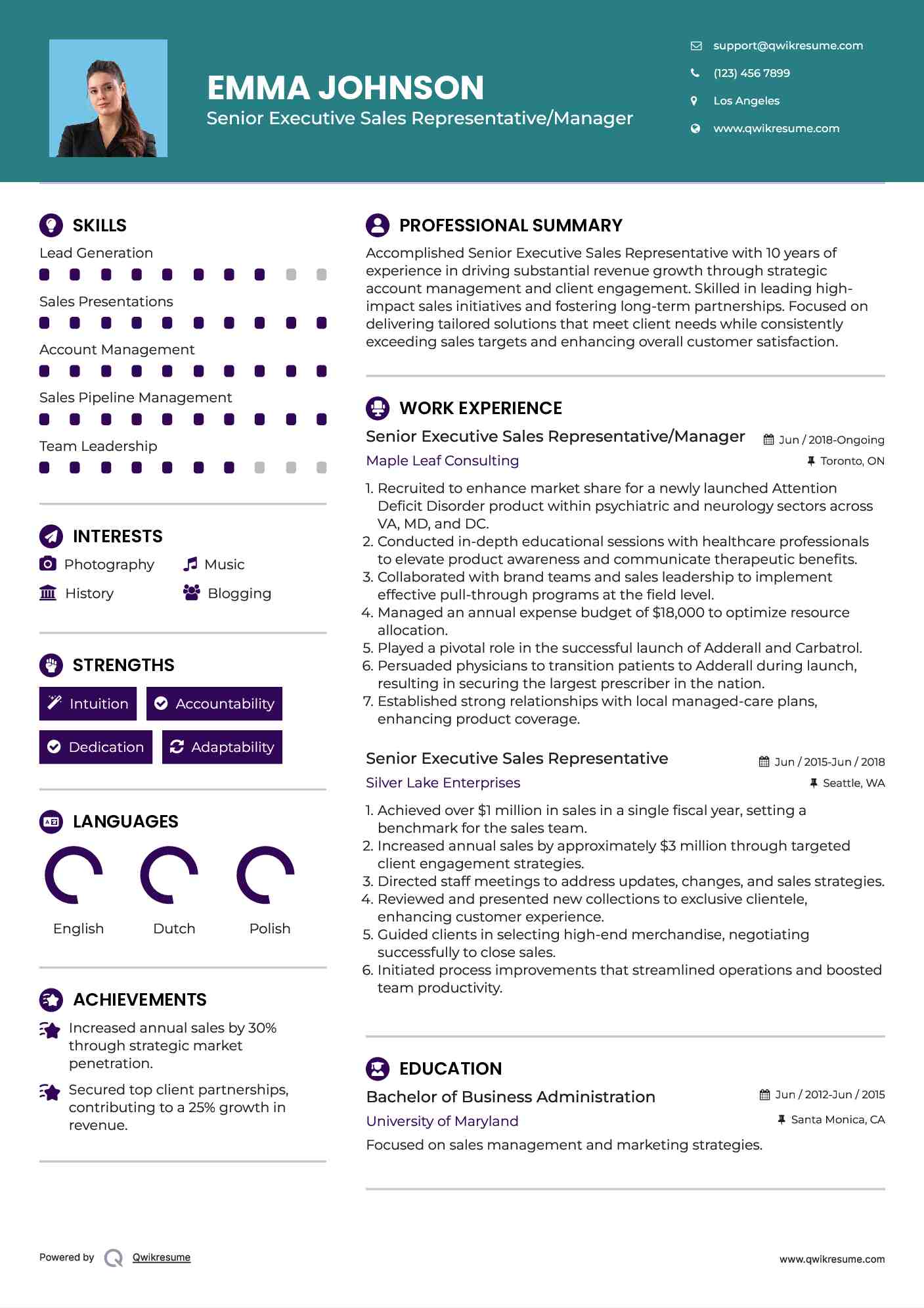 Senior Executive Sales Representative/Manager Resume Template