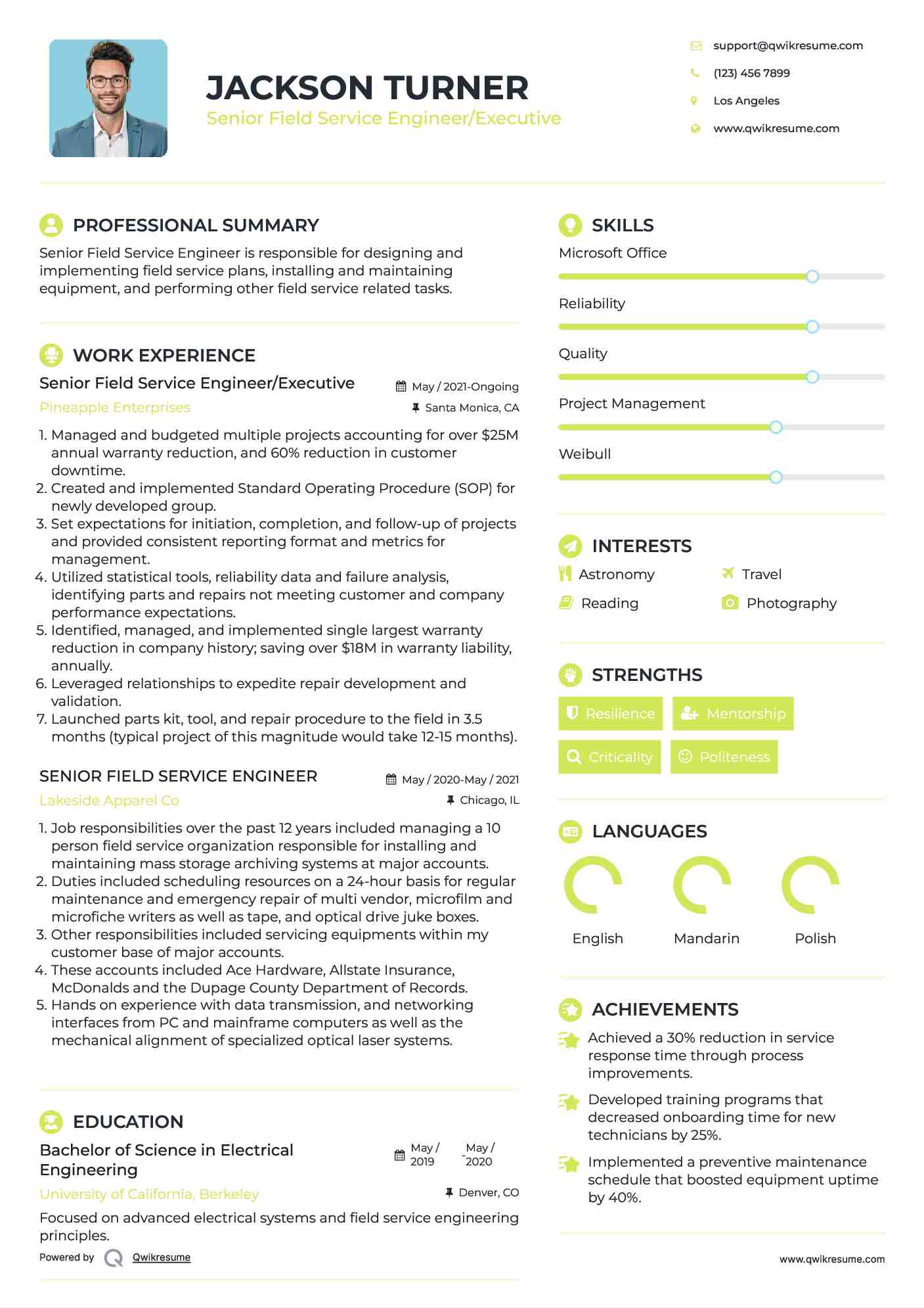 Senior Field Service Engineer/Executive Resume Format