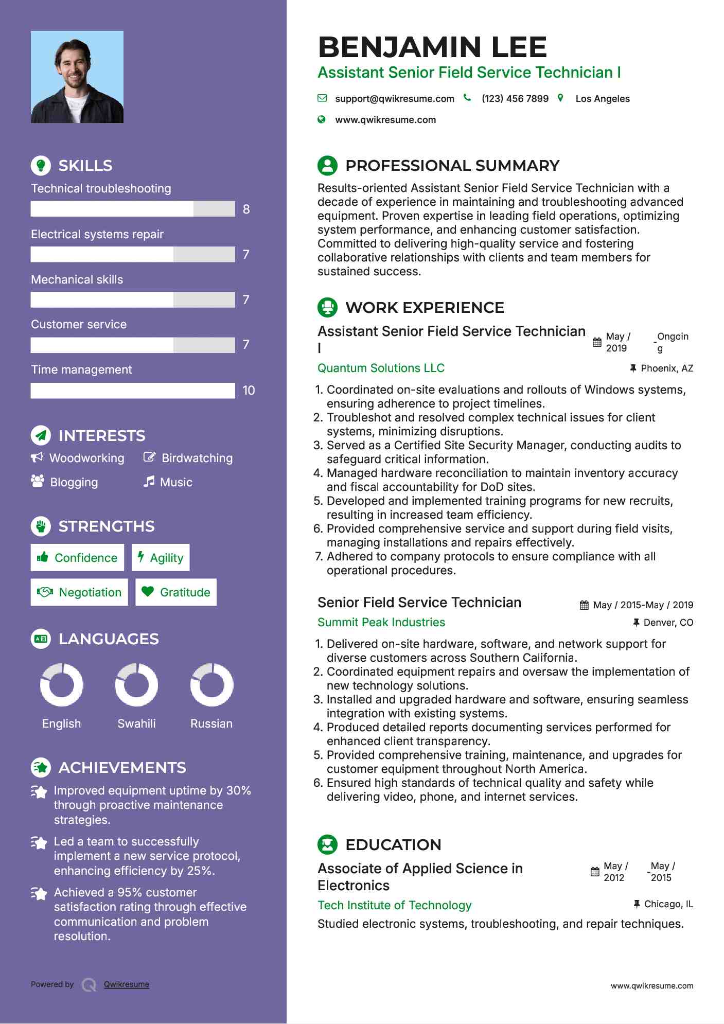 Assistant Senior Field Service Technician I Resume Example