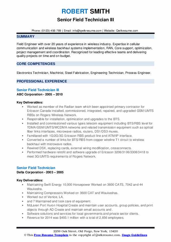 Senior Field Technician Resume Samples QwikResume