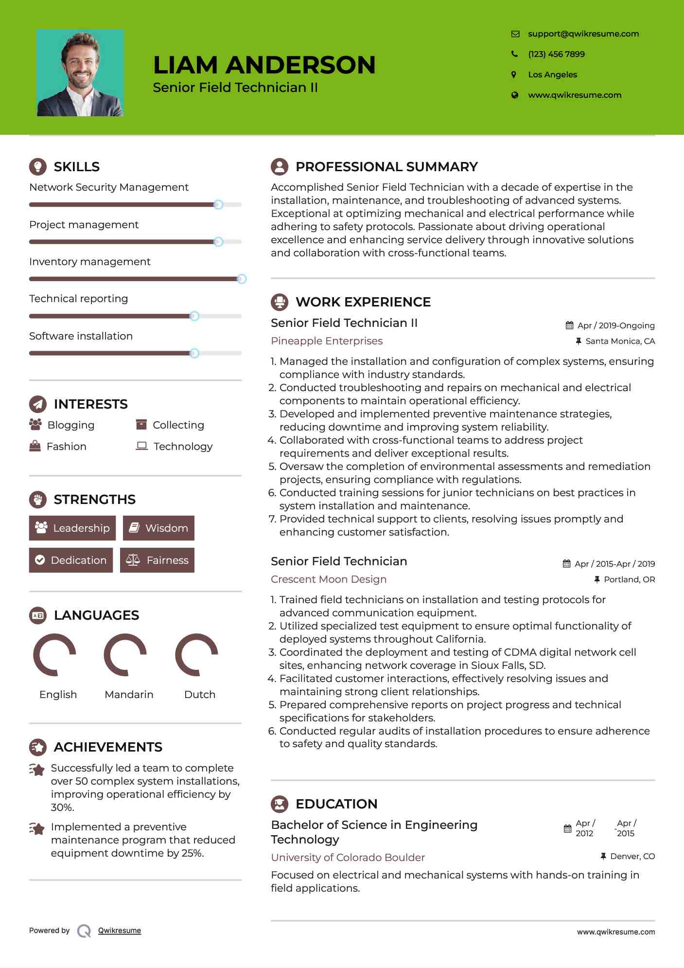 Senior Field Technician II Resume Model