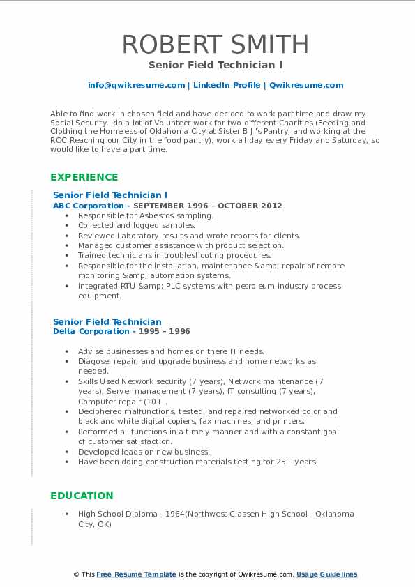 Senior Field Technician Resume Samples QwikResume