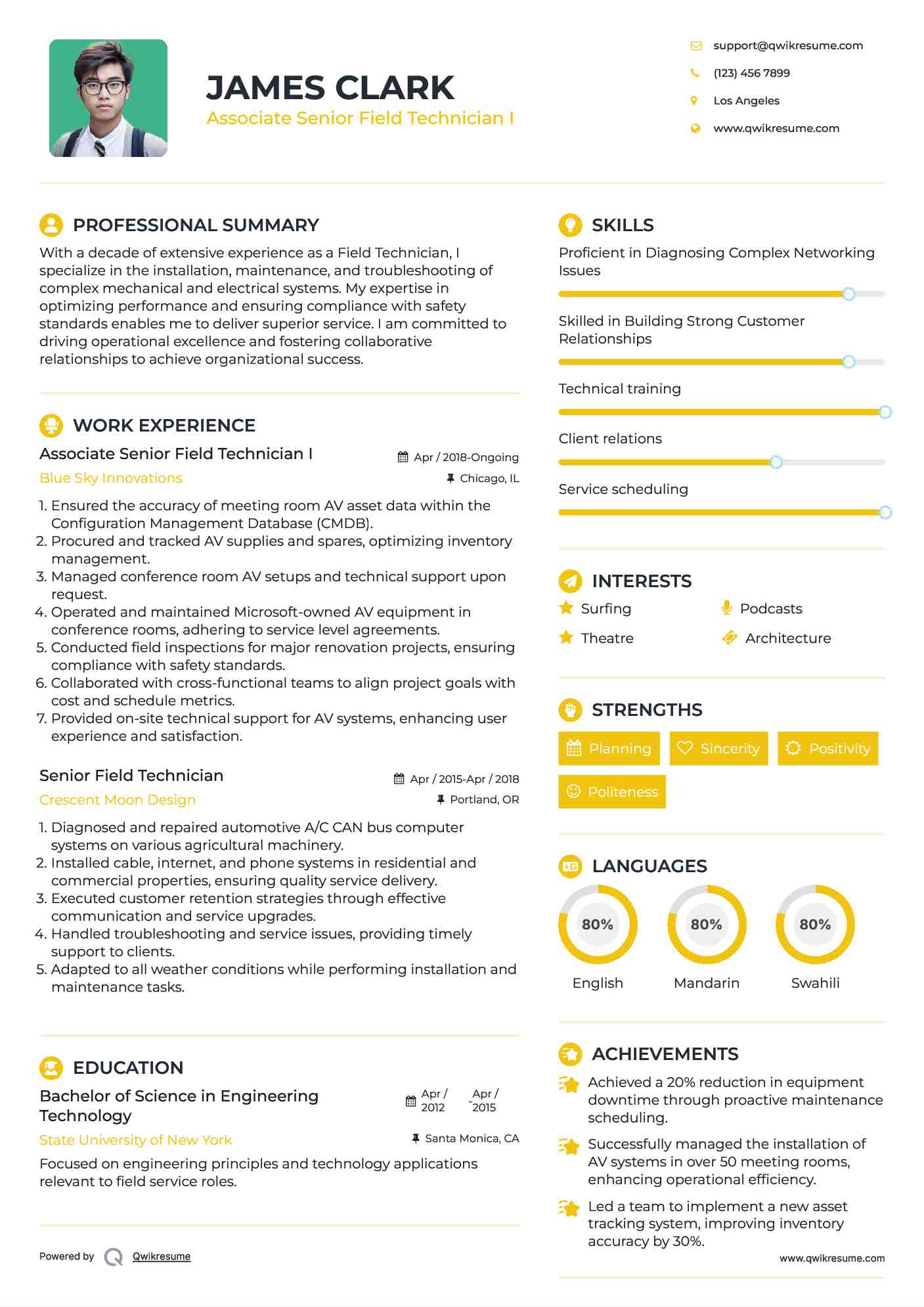 Associate Senior Field Technician I Resume Sample