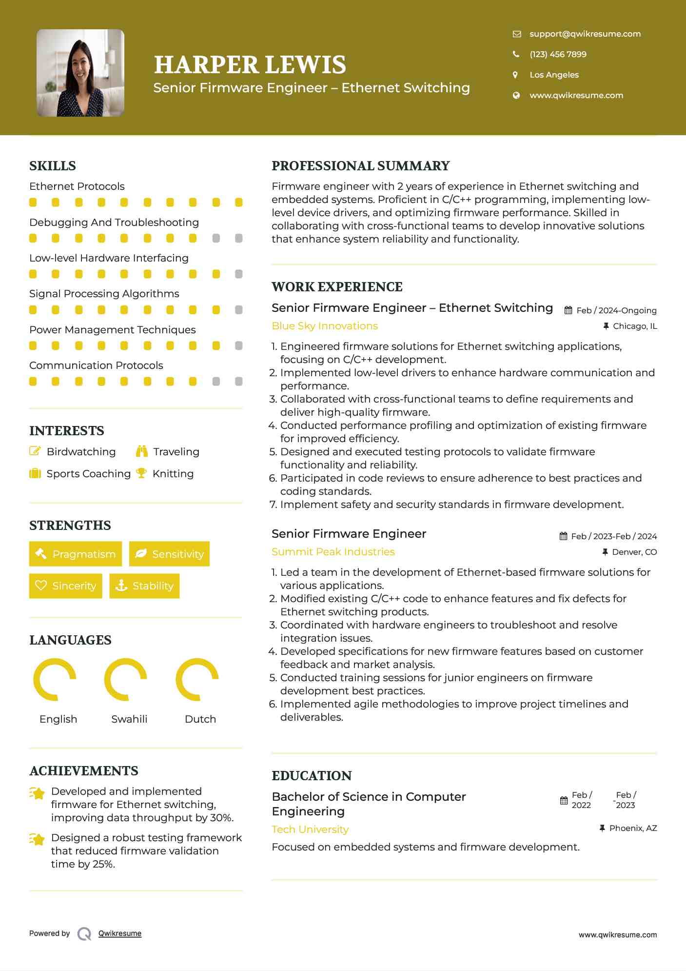 Senior Firmware Engineer – Ethernet Switching Resume Sample