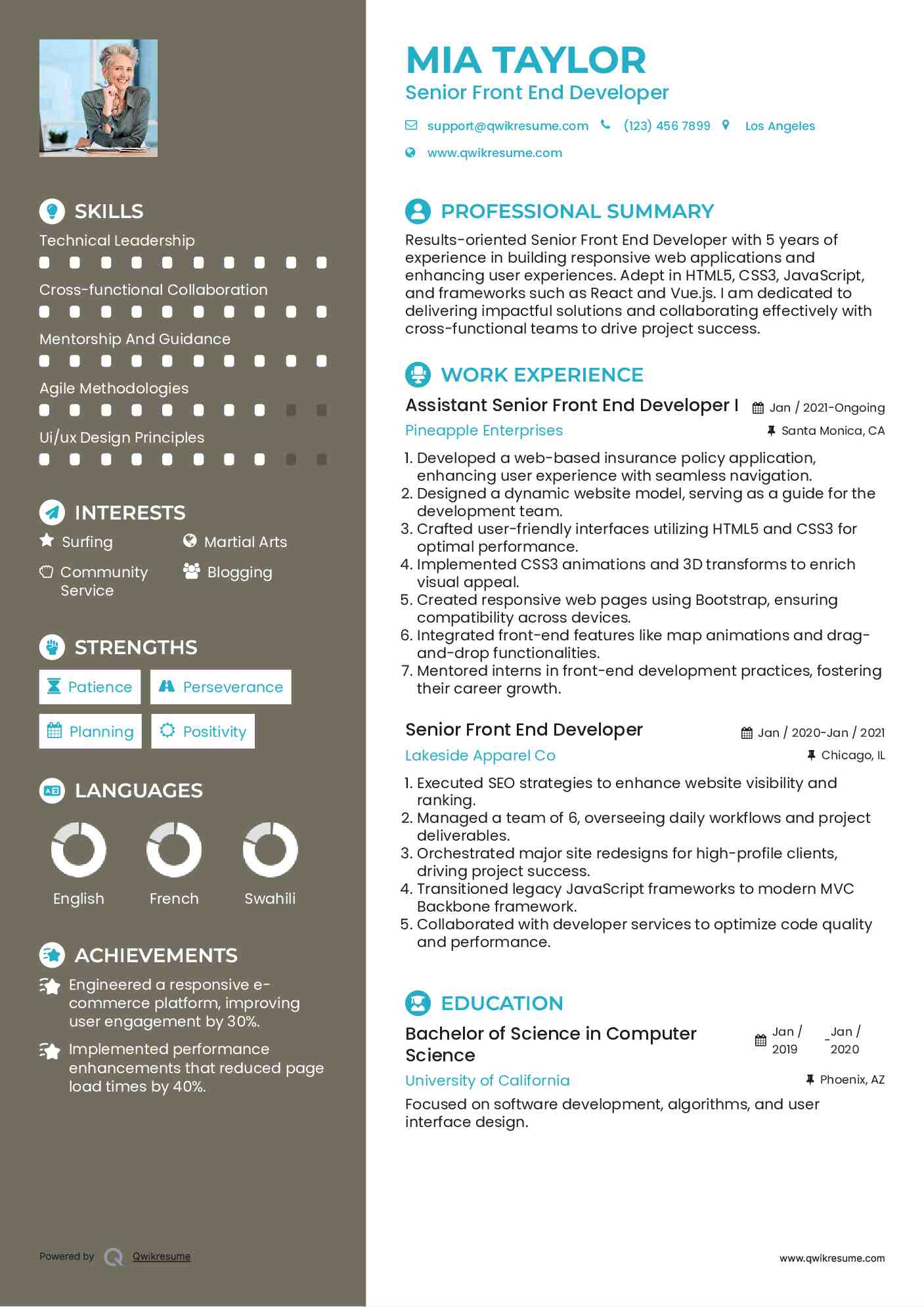 Assistant Senior Front End Developer I Resume Sample