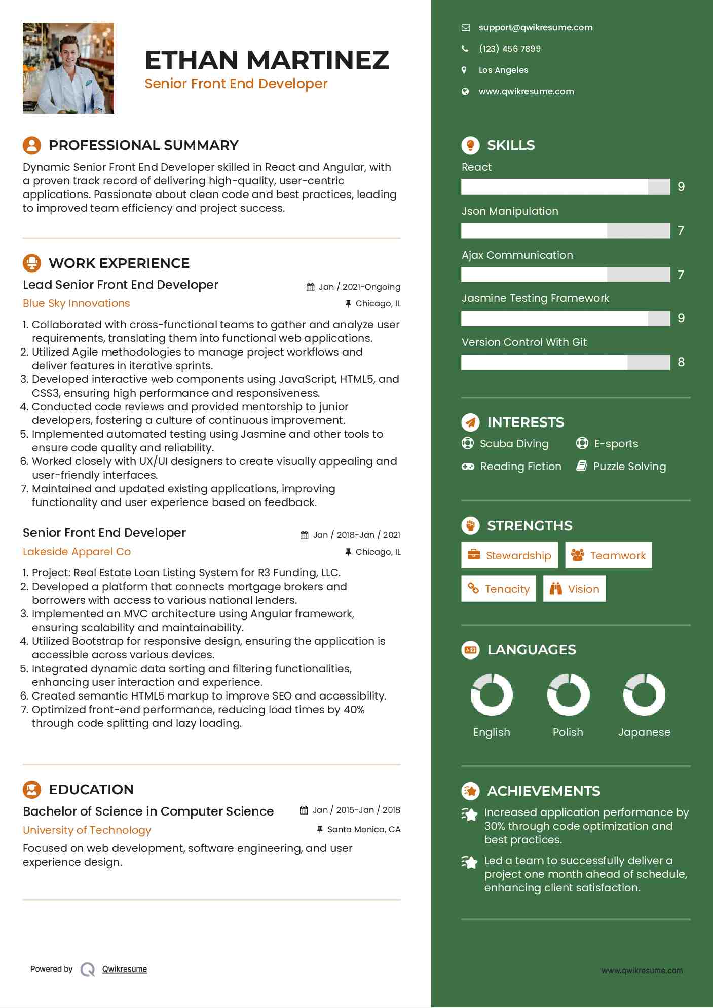 Lead Senior Front End Developer Resume Template